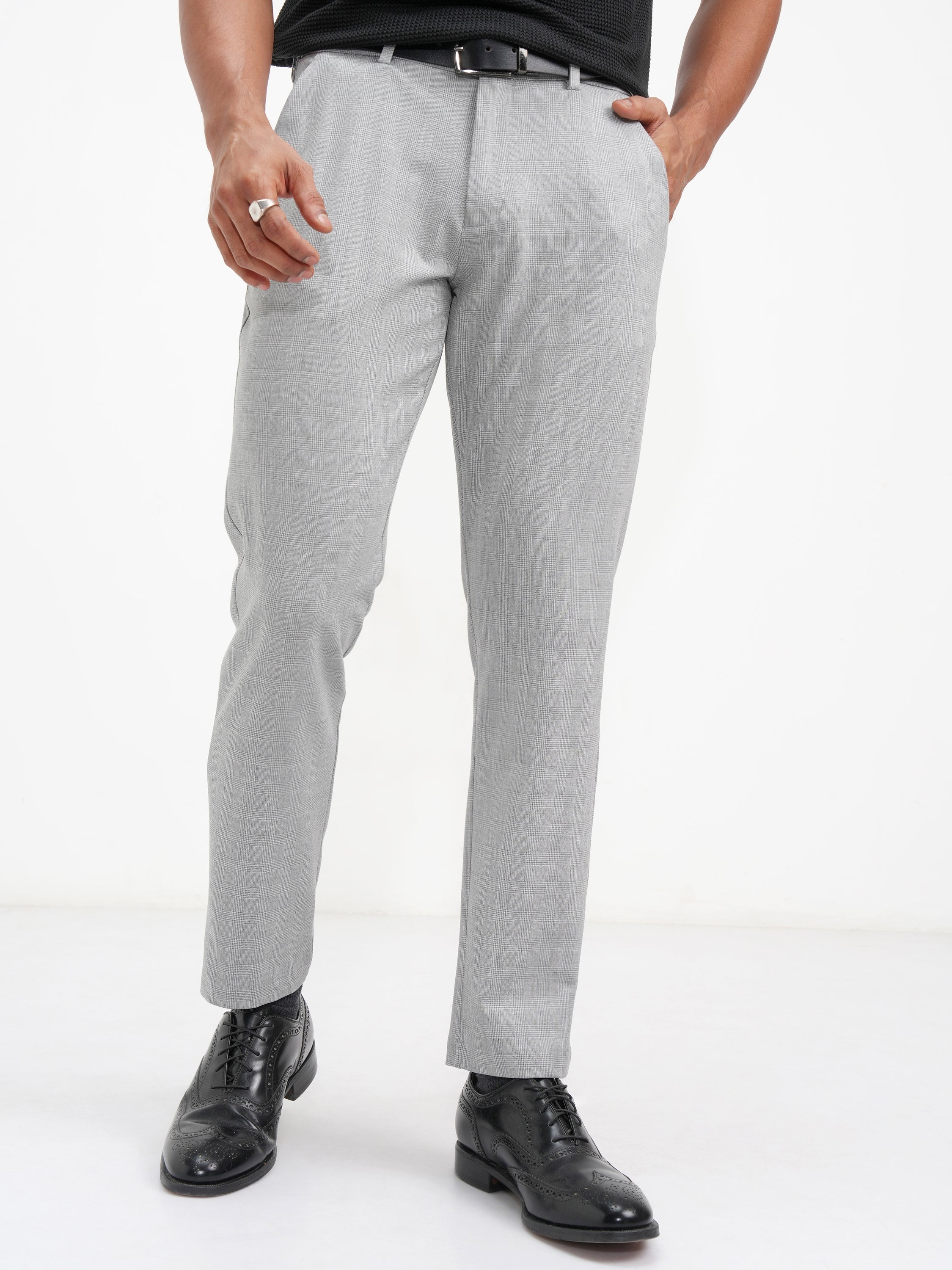Highlander Men Grey Slim Fit Checked Casual Trouser - Grey - Image 1