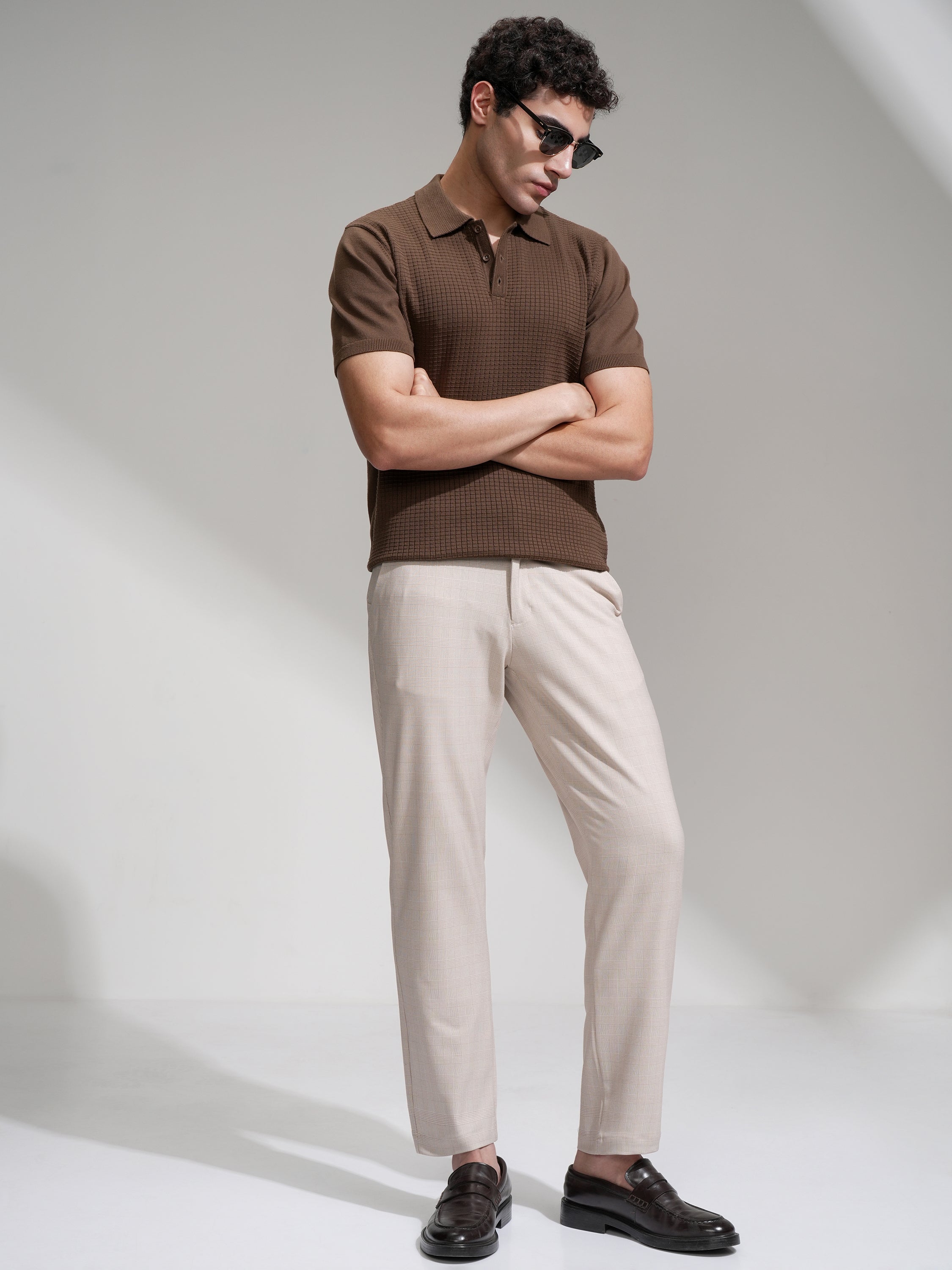 Highlander Men Beige Slim Fit Checked Casual Trouser - Beige - Image 2