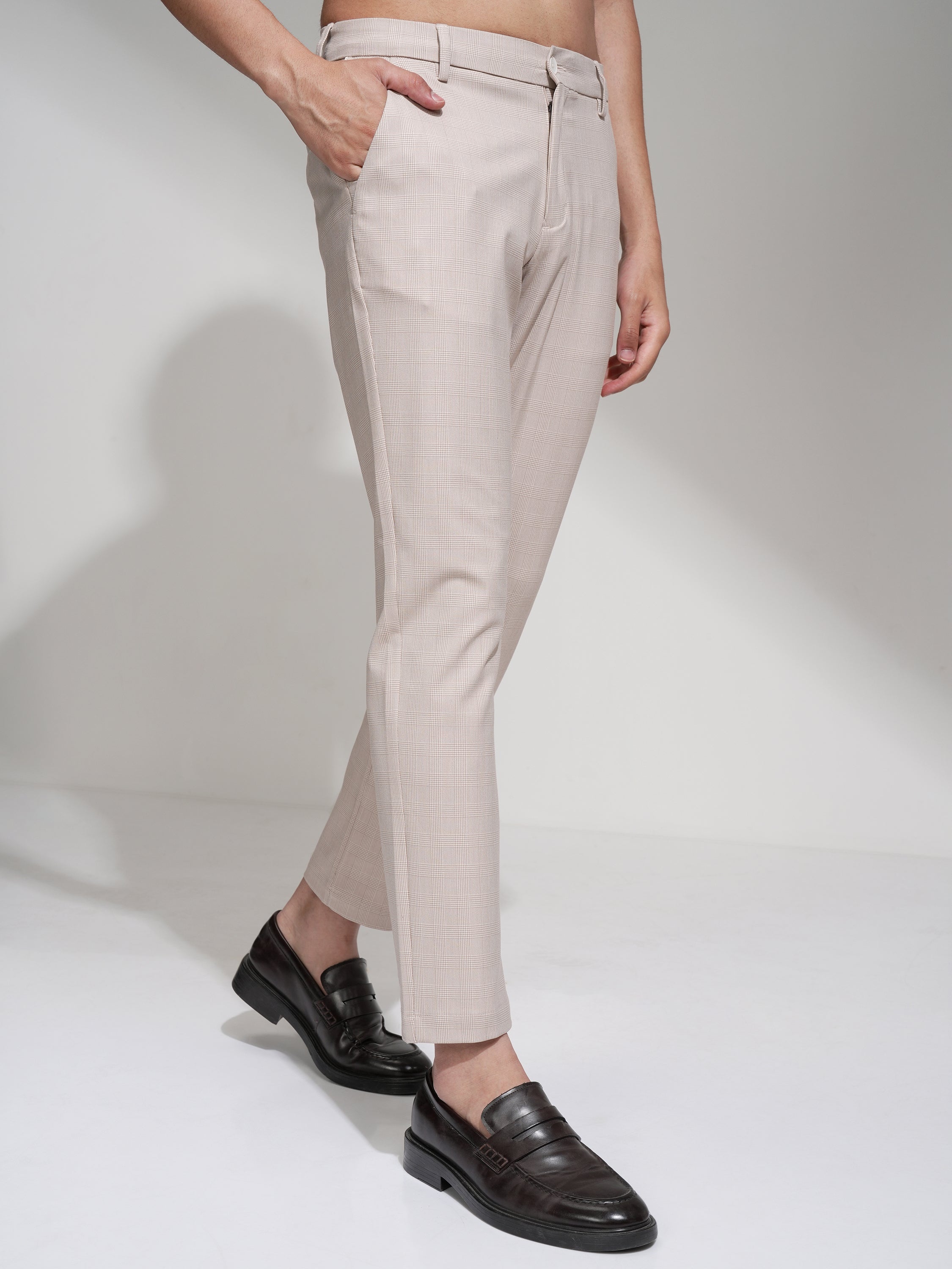 Highlander Men Beige Slim Fit Checked Casual Trouser - Beige - Image 6