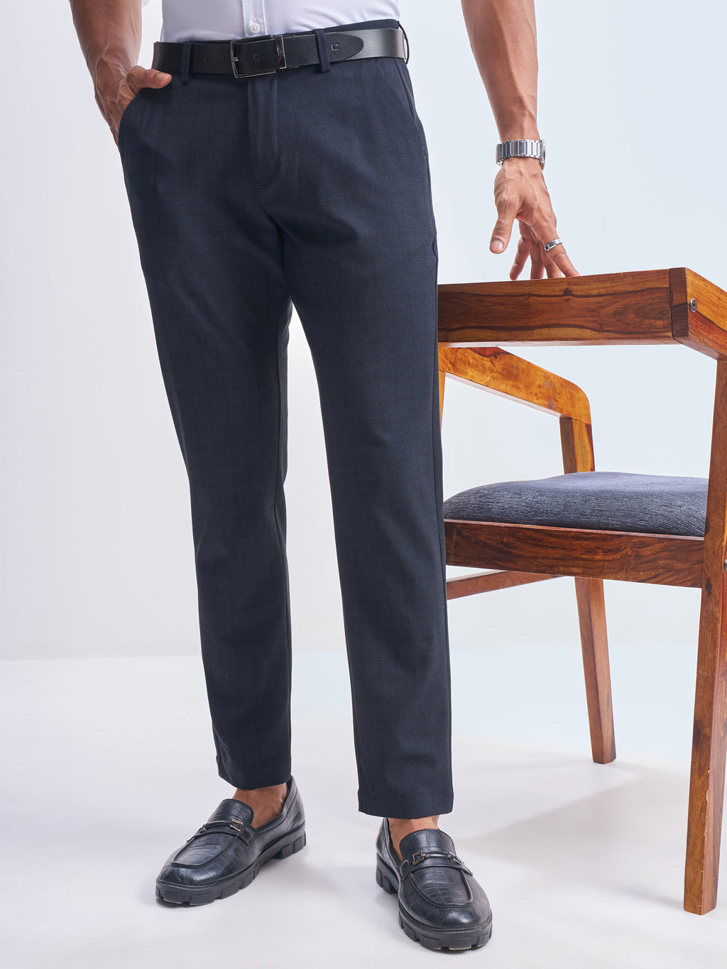 Highlander Men Navy Blue Slim Fit Checked Formal Trouser - Navy Blue - Image 1