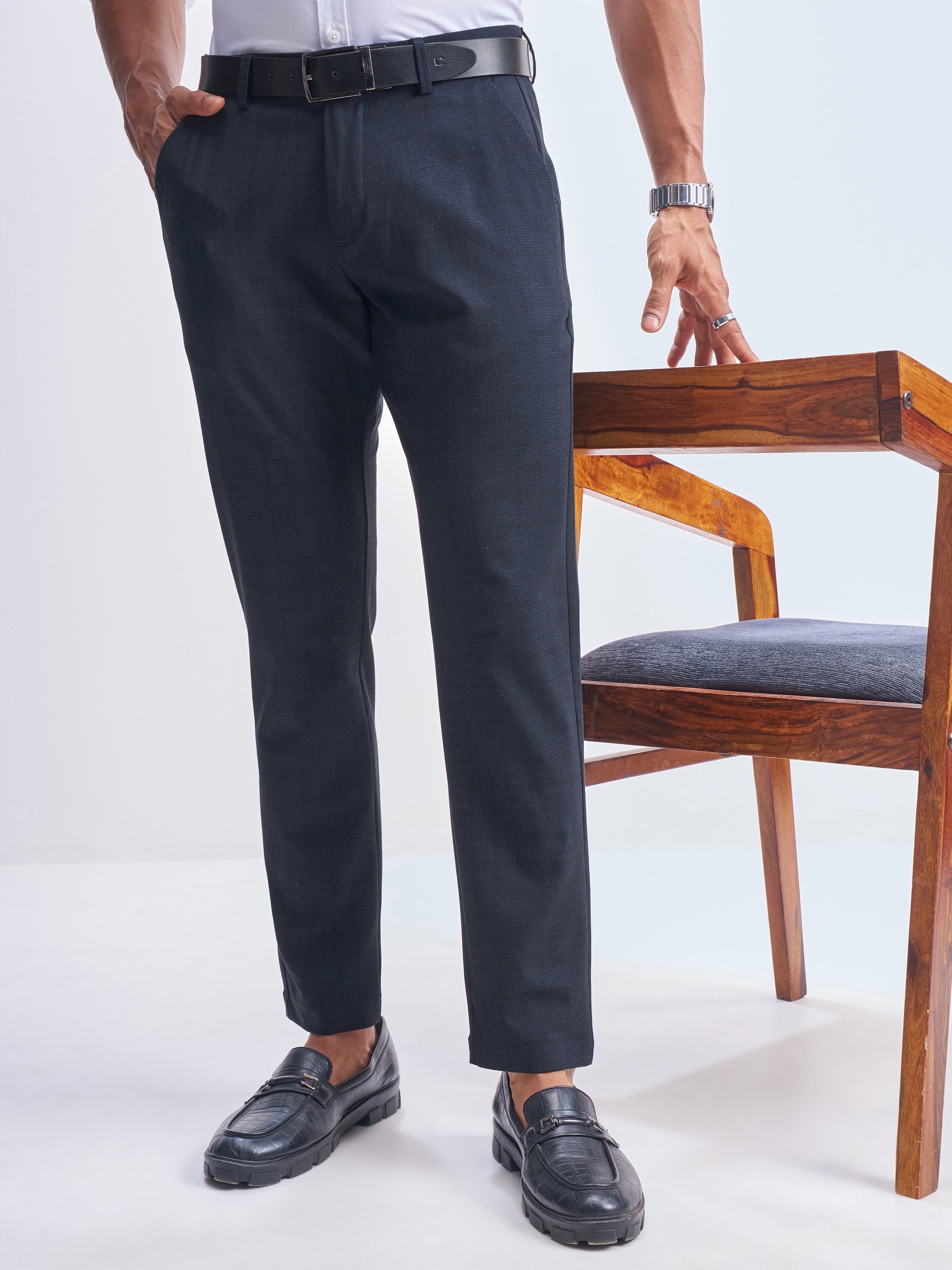 Highlander Men Navy Blue Slim Fit Checked Formal Trouser - Navy Blue - Image 1