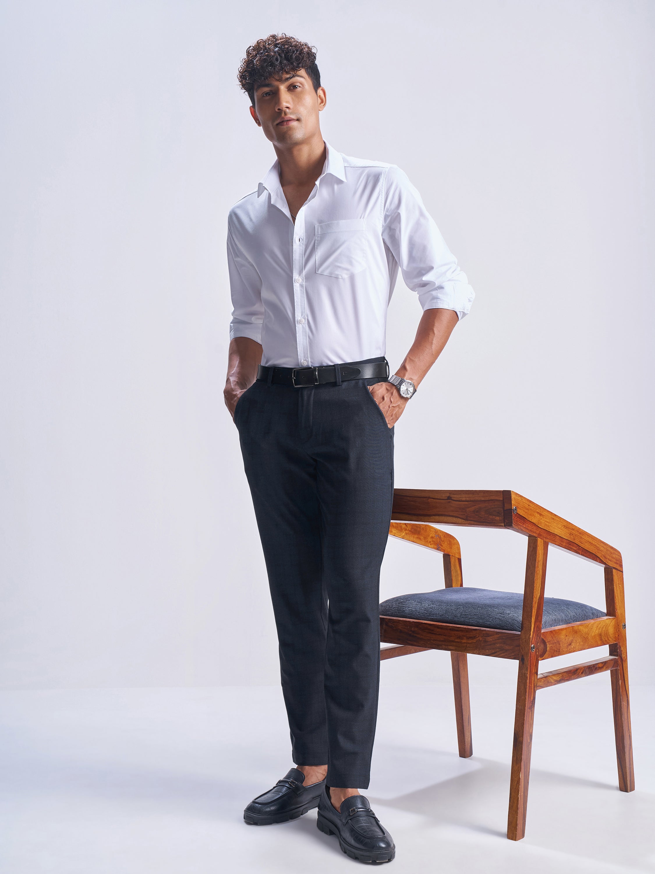 Highlander Men Navy Blue Slim Fit Checked Formal Trouser - Navy Blue - Image 2