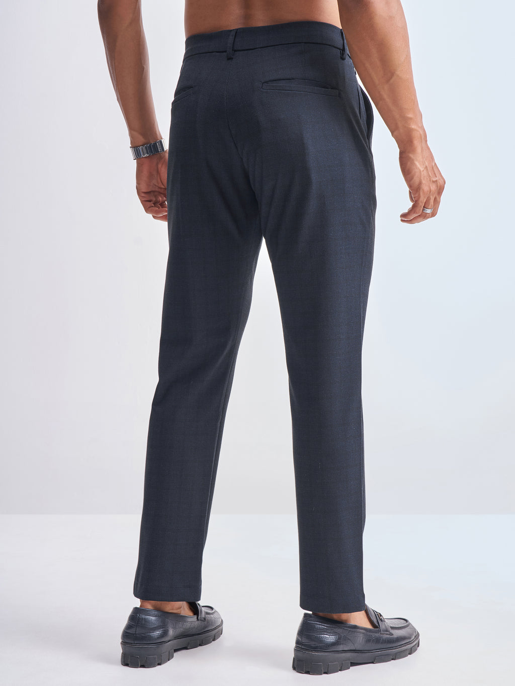 Highlander Men Navy Blue Slim Fit Checked Formal Trouser - Navy Blue - Image 3