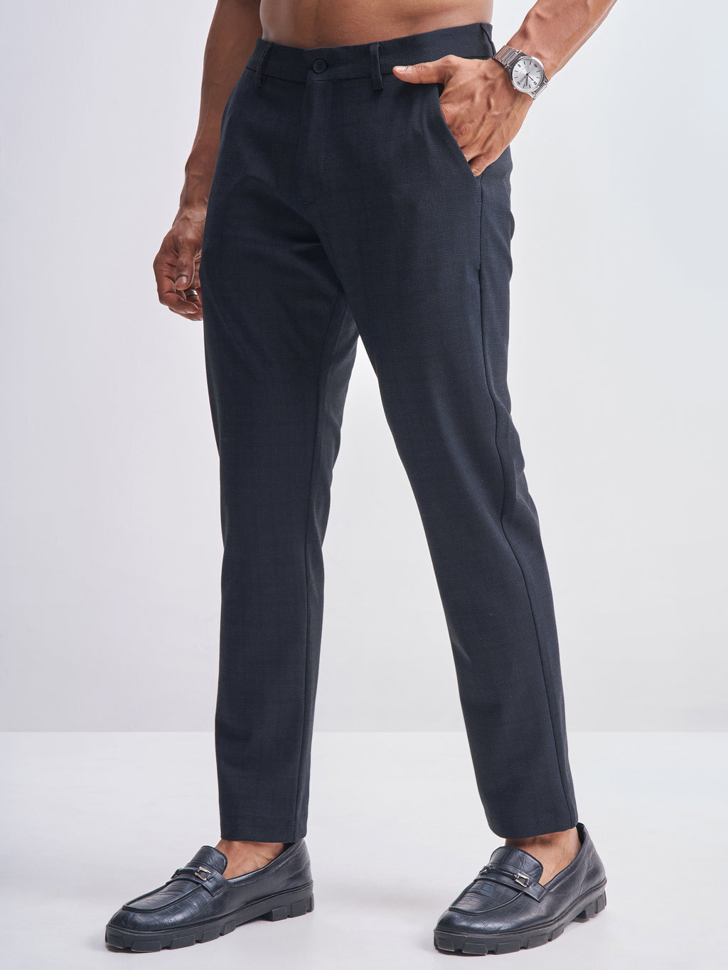 Highlander Men Navy Blue Slim Fit Checked Formal Trouser - Navy Blue - Image 4
