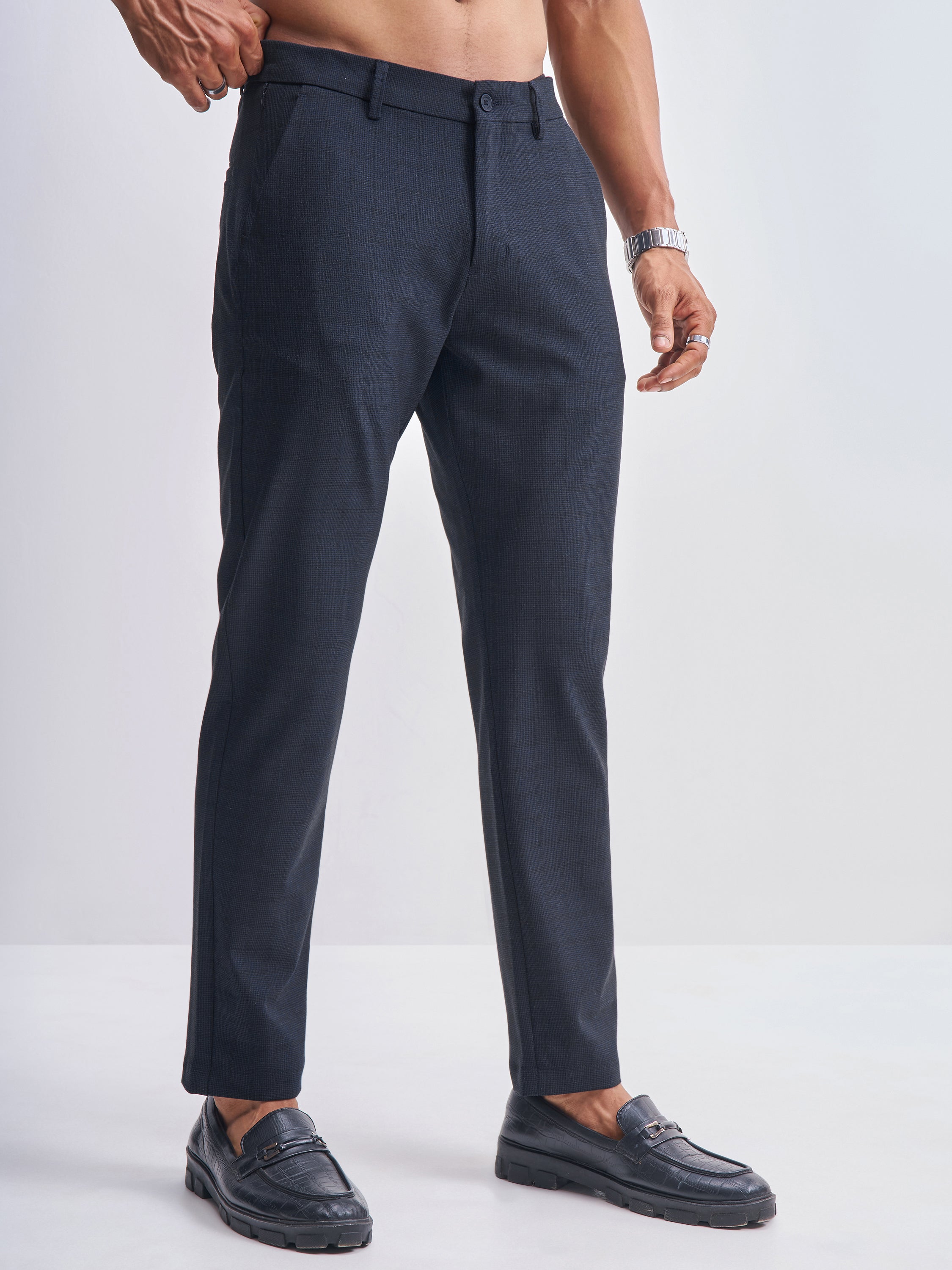 Highlander Men Navy Blue Slim Fit Checked Formal Trouser - Navy Blue - Image 6