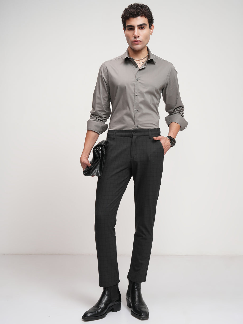 Highlander Men Black Slim Fit Checked Formal Trouser - Black - Image 2