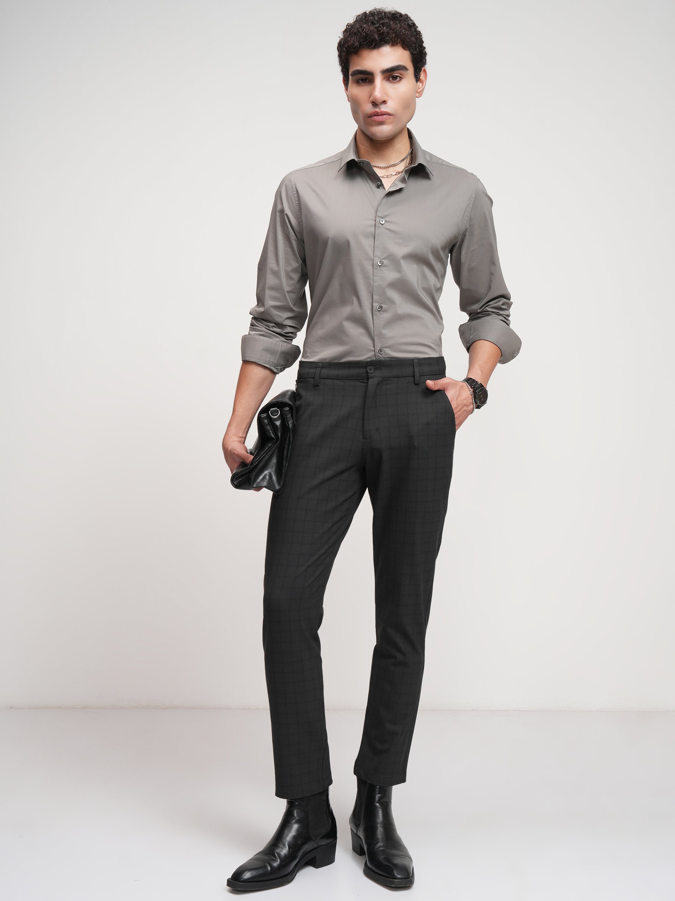 Highlander Men Black Slim Fit Checked Formal Trouser - Black - Image 2