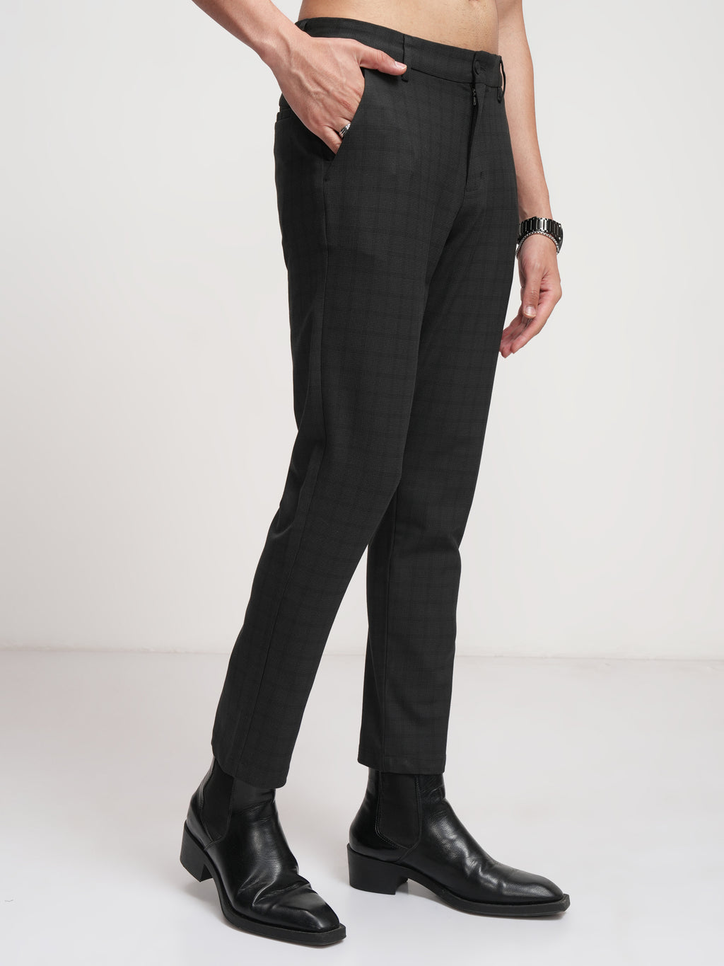 Highlander Men Black Slim Fit Checked Formal Trouser - Black - Image 6