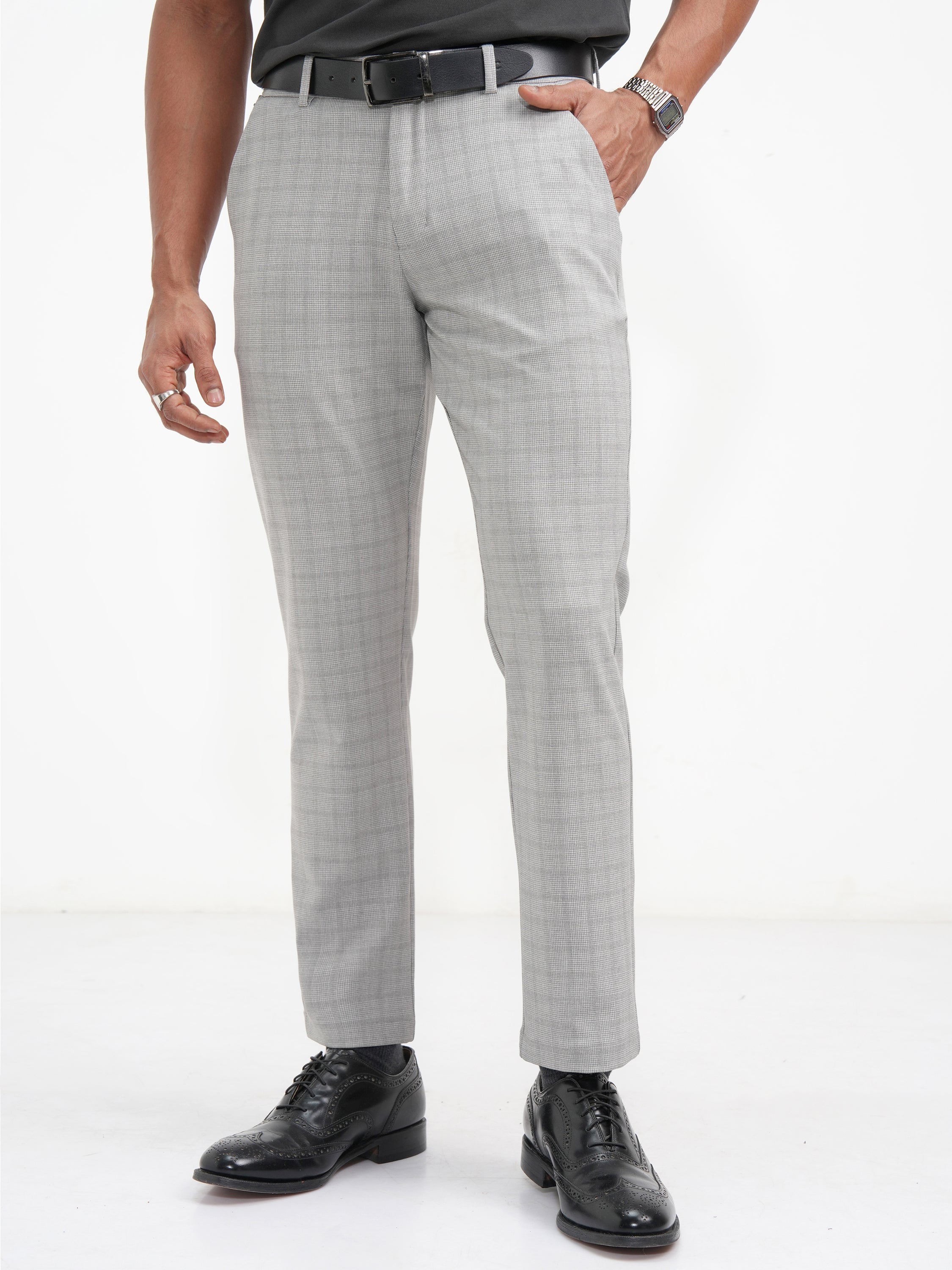 Highlander Men Grey Slim Fit Checked Casual Trouser - Grey - Image 1