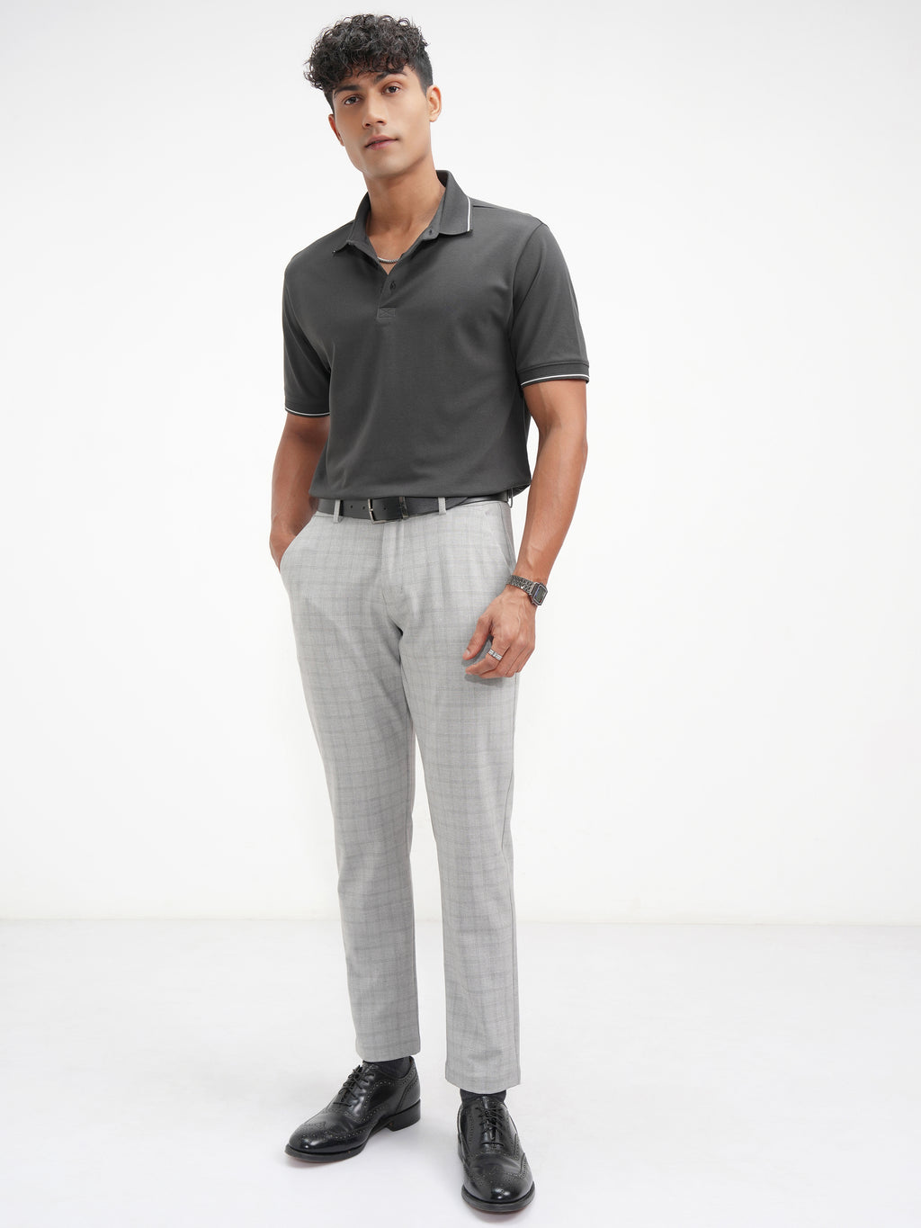 Highlander Men Grey Slim Fit Checked Casual Trouser - Grey - Image 2