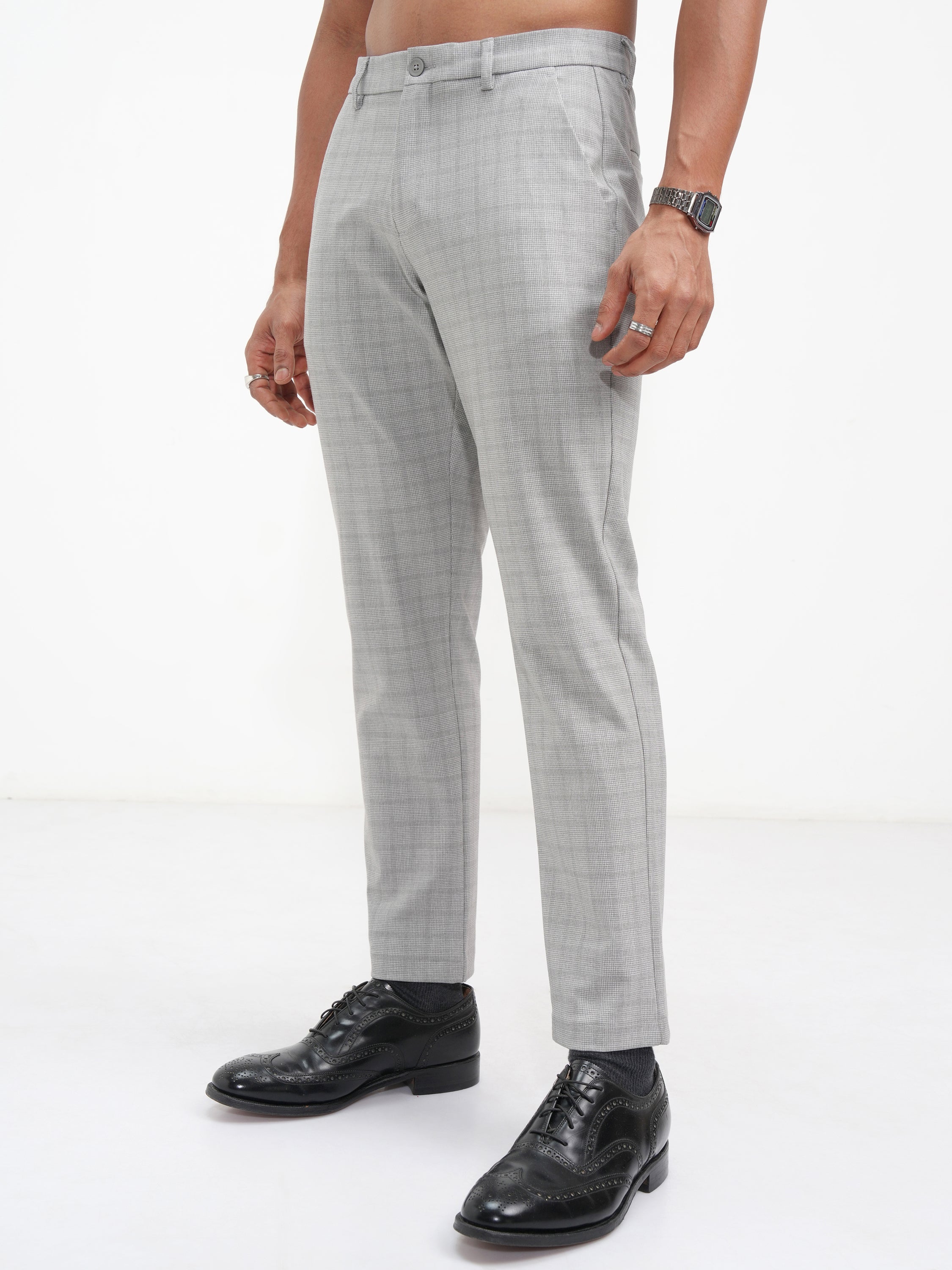 Highlander Men Grey Slim Fit Checked Casual Trouser - Grey - Image 4