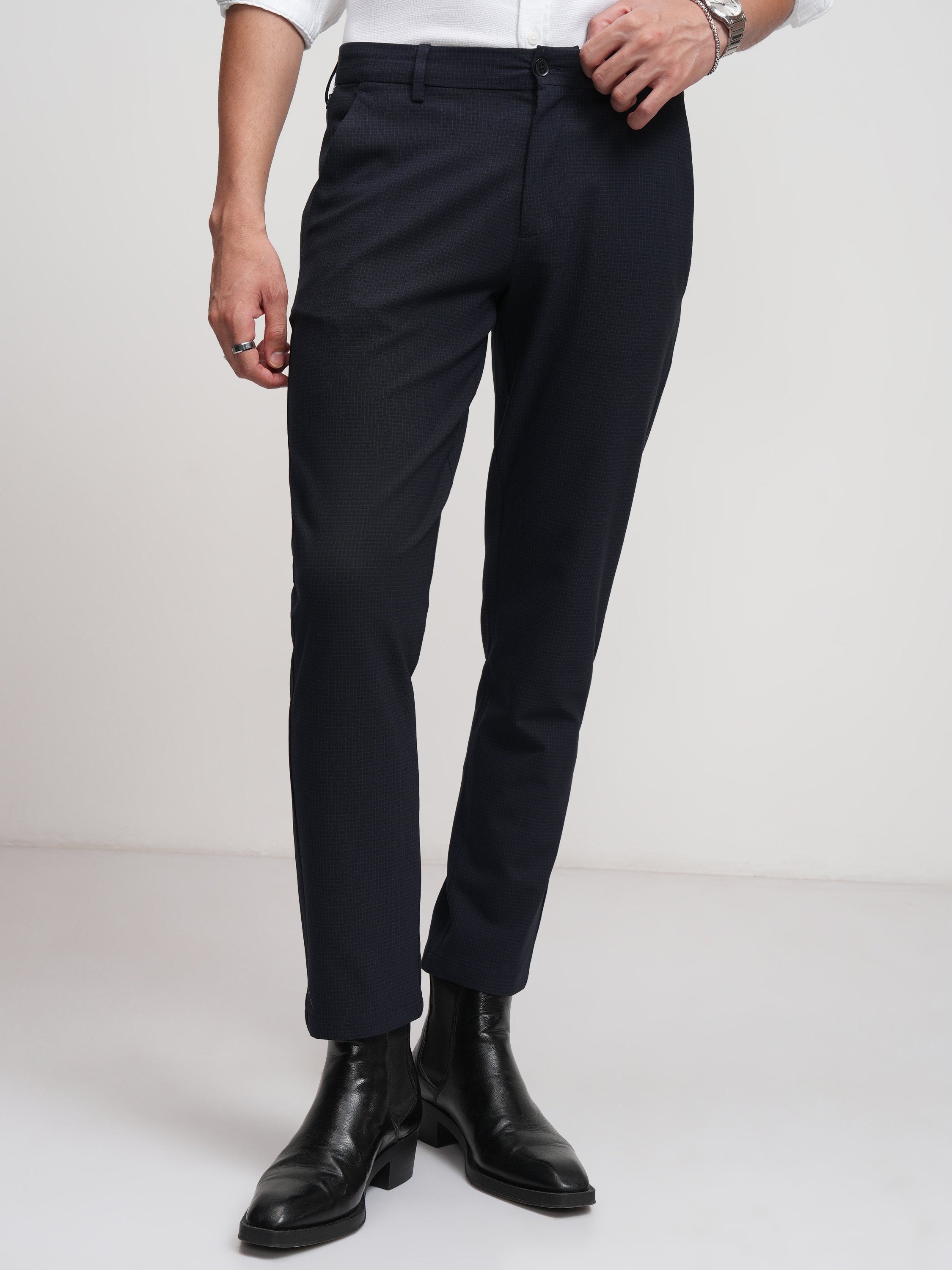 Highlander Men Navy Blue Slim Fit Checked Formal Trouser - Navy Blue - Image 1