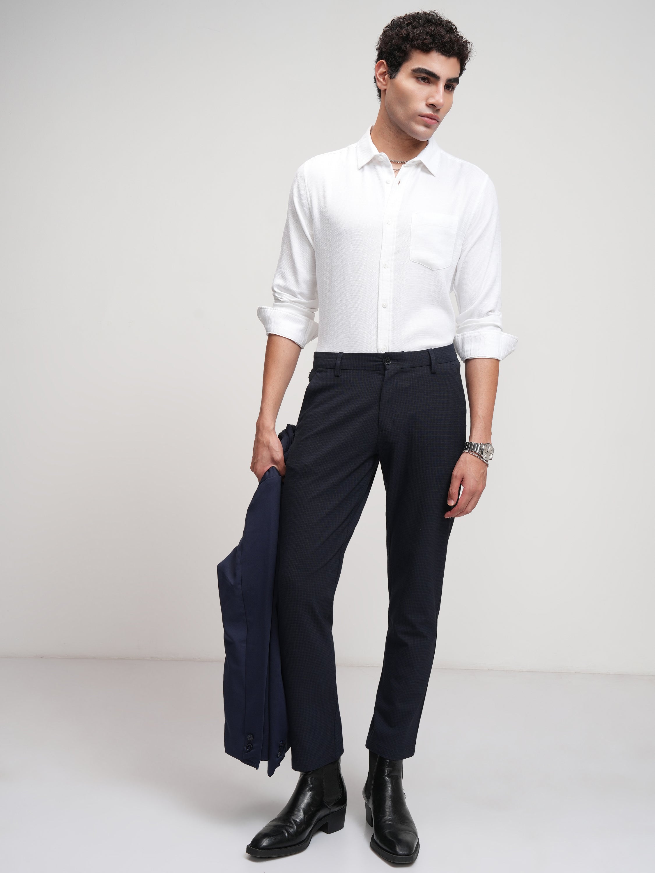 Highlander Men Navy Blue Slim Fit Checked Formal Trouser - Navy Blue - Image 2