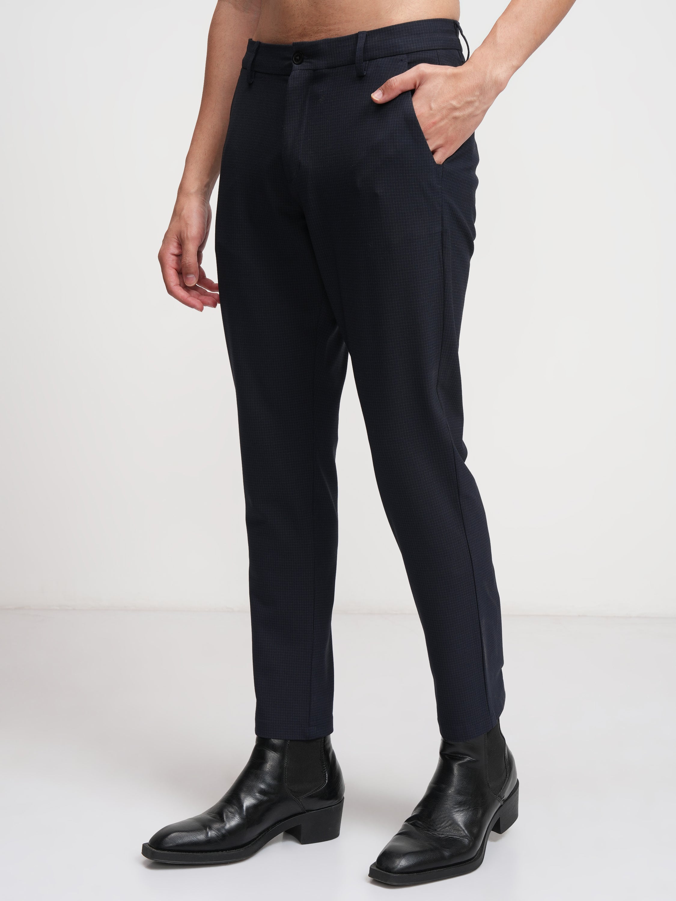 Highlander Men Navy Blue Slim Fit Checked Formal Trouser - Navy Blue - Image 4