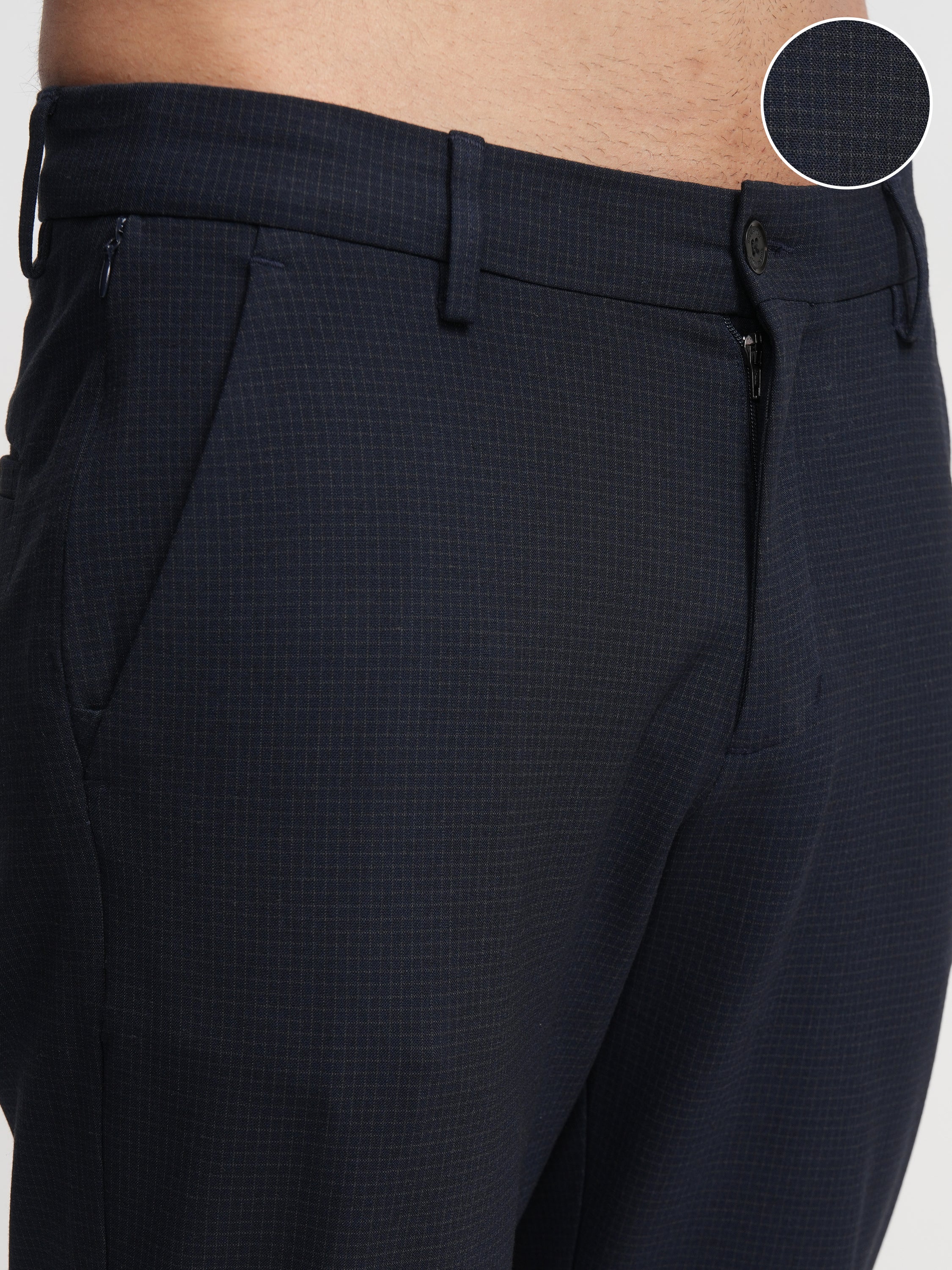 Highlander Men Navy Blue Slim Fit Checked Formal Trouser - Navy Blue - Image 5