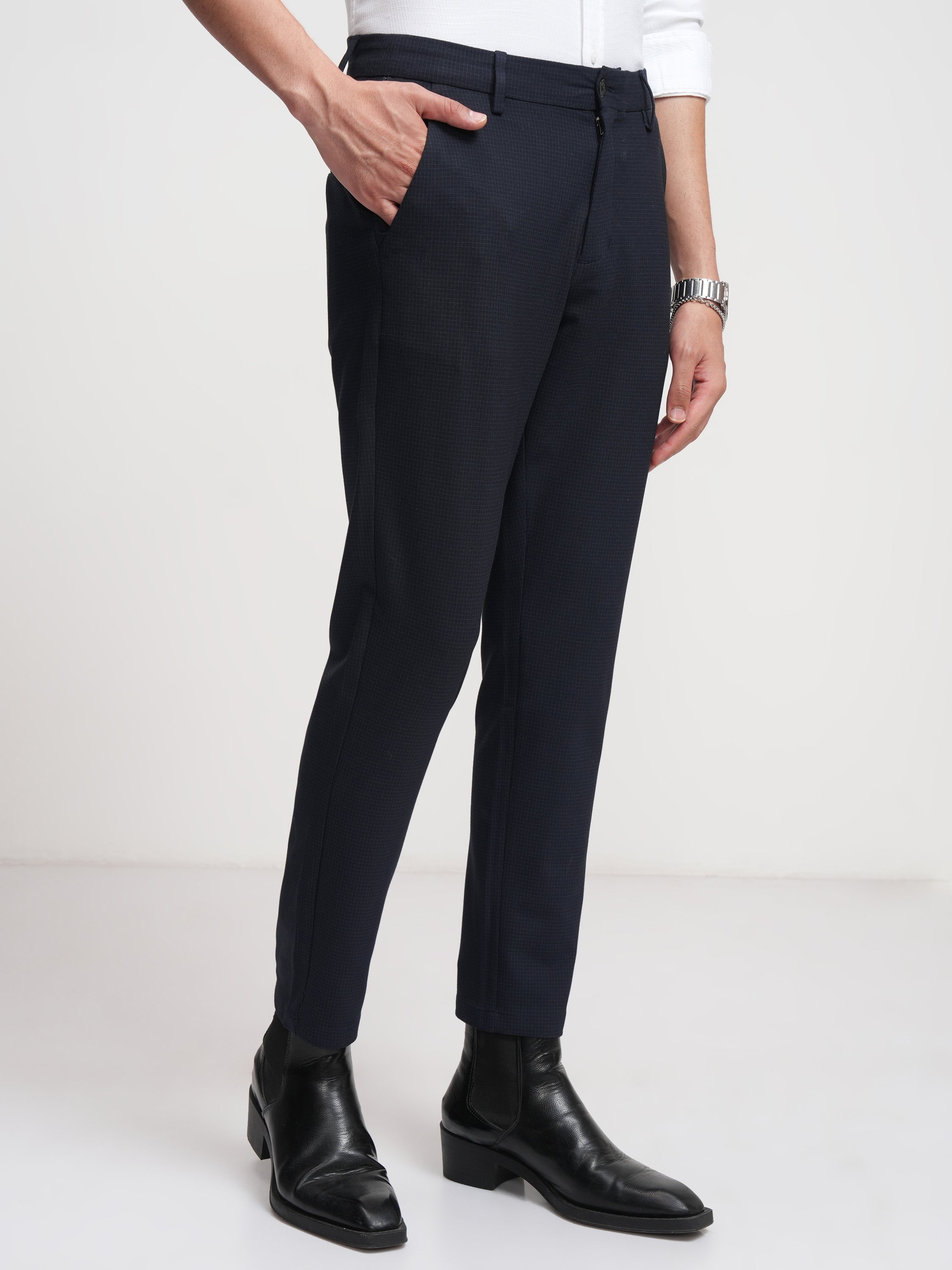 Highlander Men Navy Blue Slim Fit Checked Formal Trouser - Navy Blue - Image 6