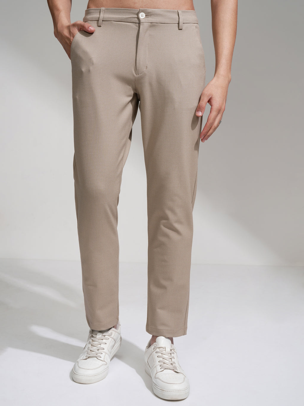 Highlander Men Khaki Slim Fit Checked Casual Trouser - Khaki - Image 1