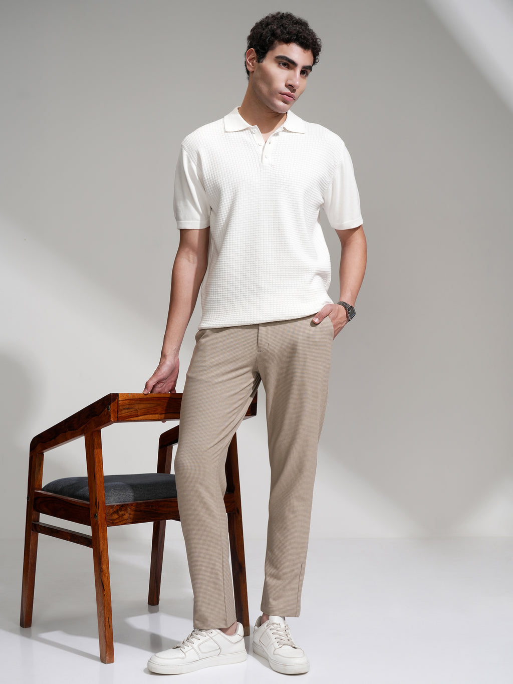 Highlander Men Khaki Slim Fit Checked Casual Trouser - Khaki - Image 2
