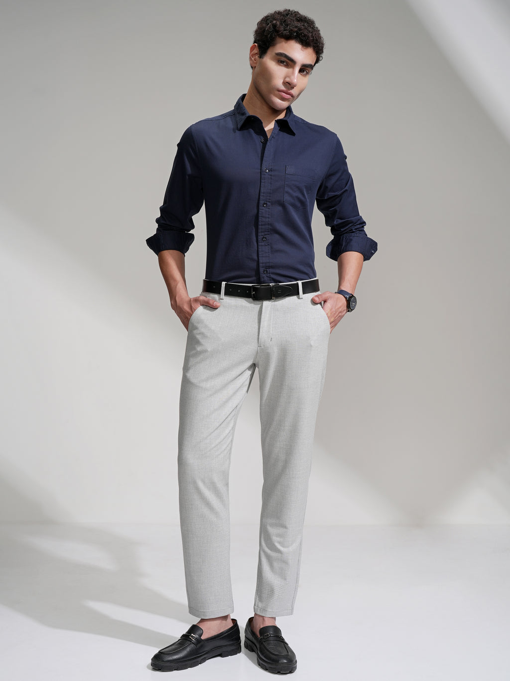 Highlander Men Grey Slim Fit Checked Casual Trouser - Grey - Image 2