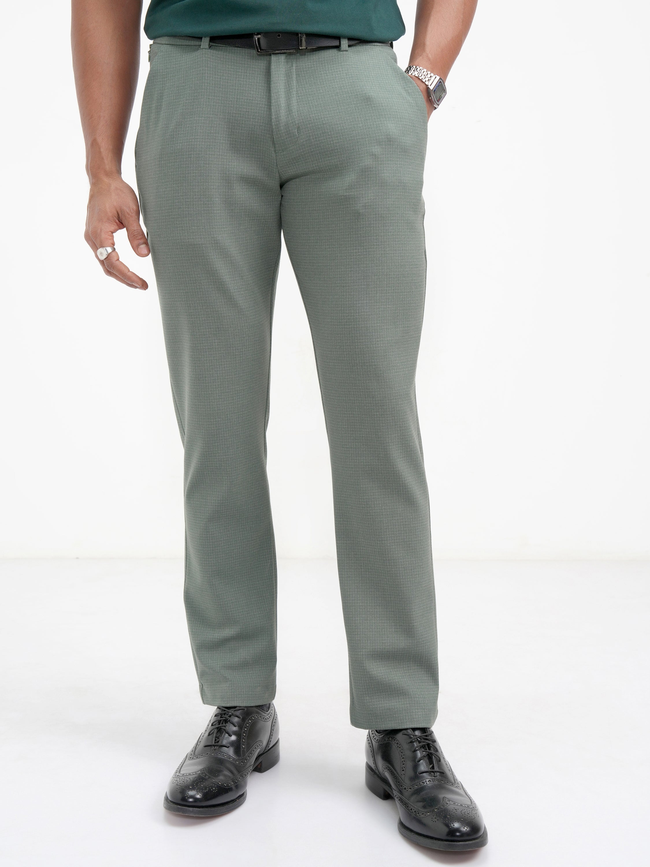 Highlander Men Green Slim Fit Checked Casual Trouser - Green - Image 1