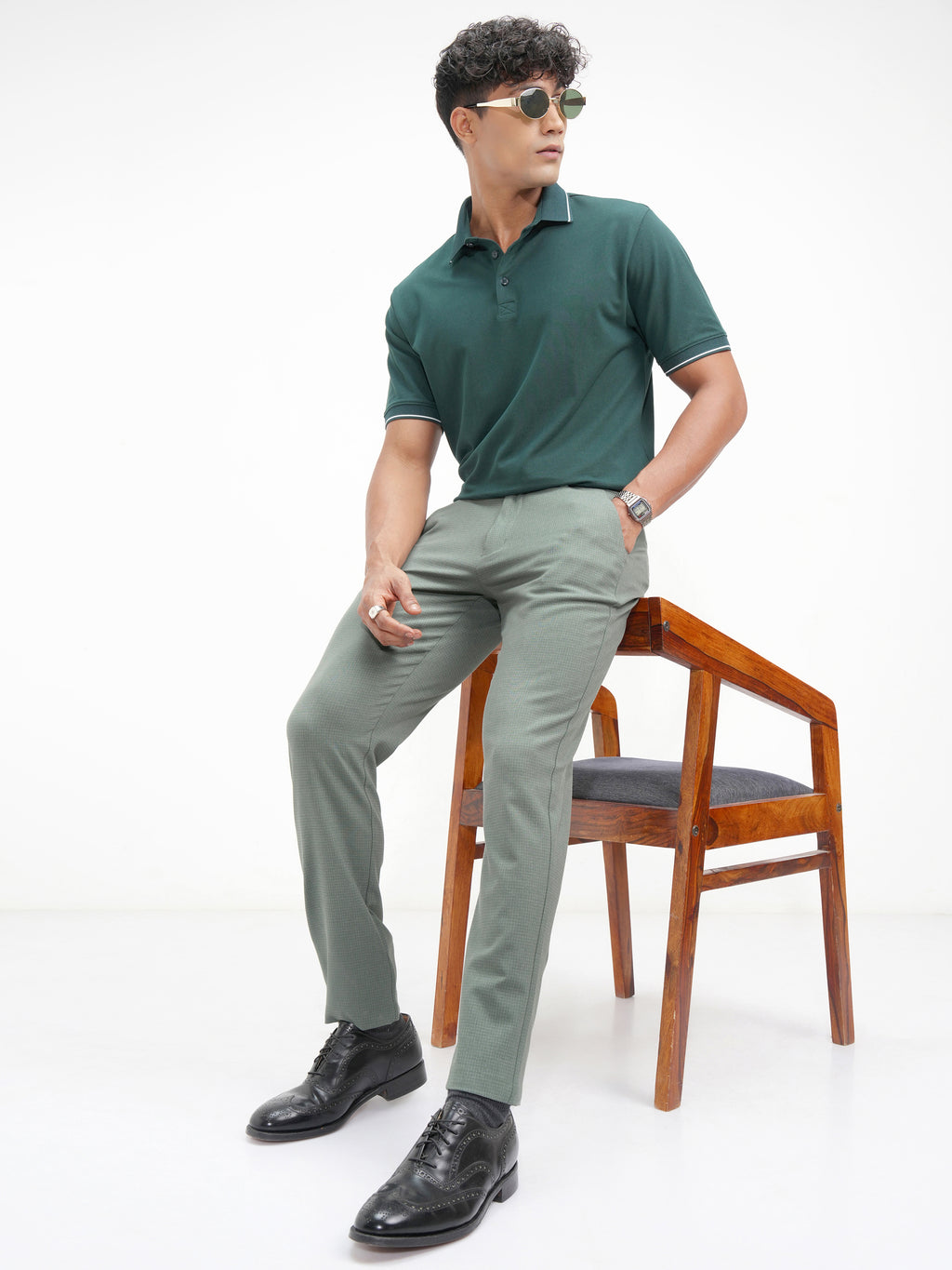 Highlander Men Green Slim Fit Checked Casual Trouser - Green - Image 2