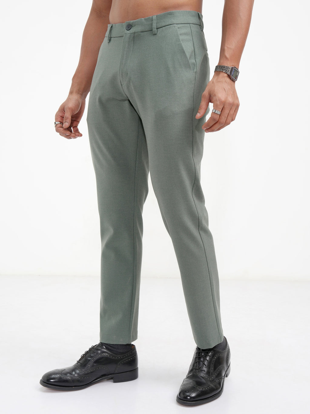 Highlander Men Green Slim Fit Checked Casual Trouser - Green - Image 4