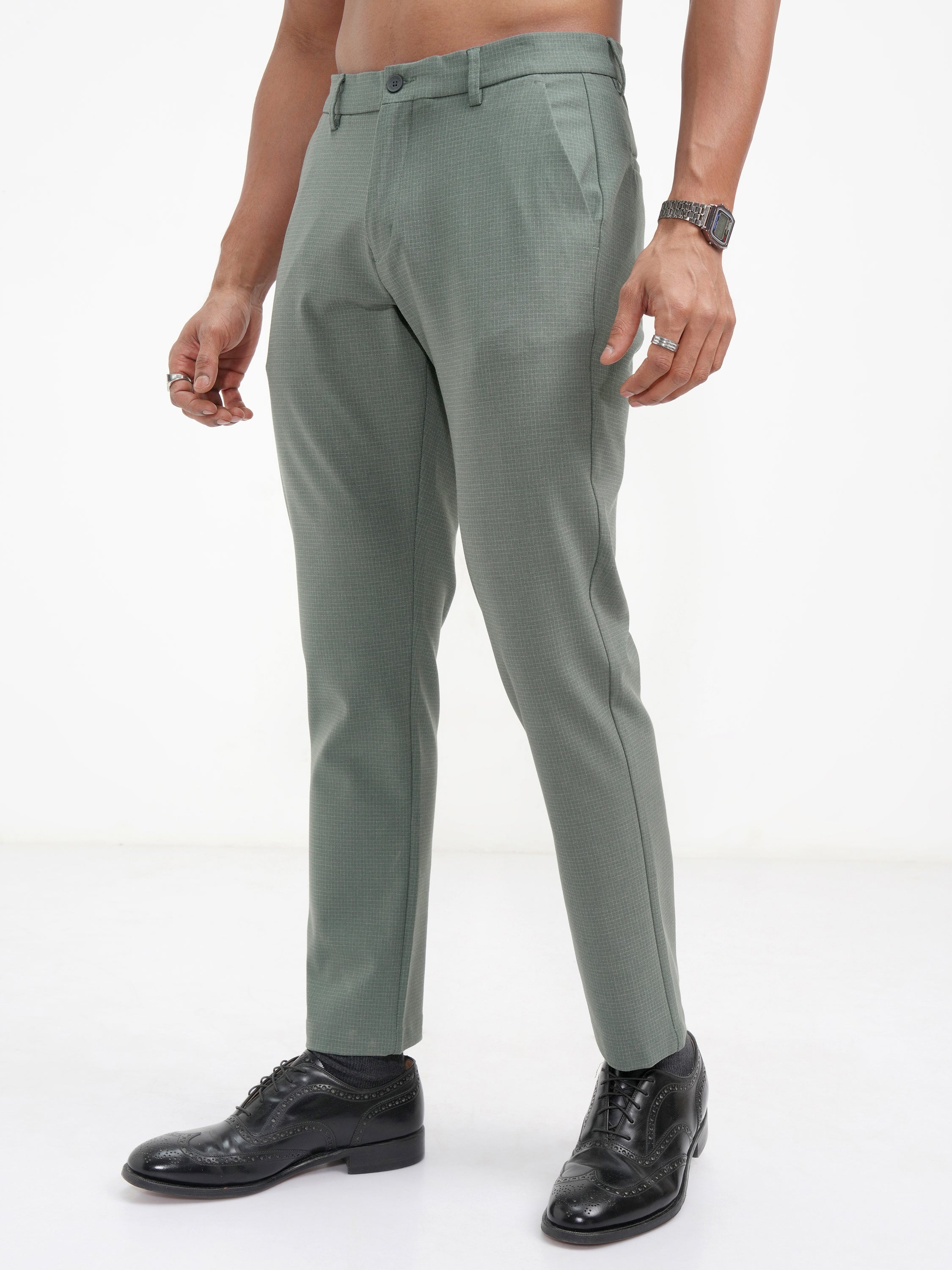 Highlander Men Green Slim Fit Checked Casual Trouser - Green - Image 4