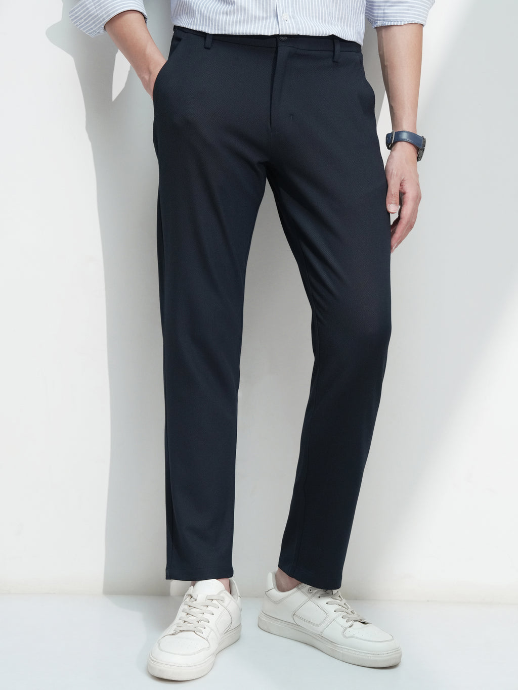 Highlander Men Navy Blue Slim Fit Solid Casual Trouser - Navy Blue - Image 1