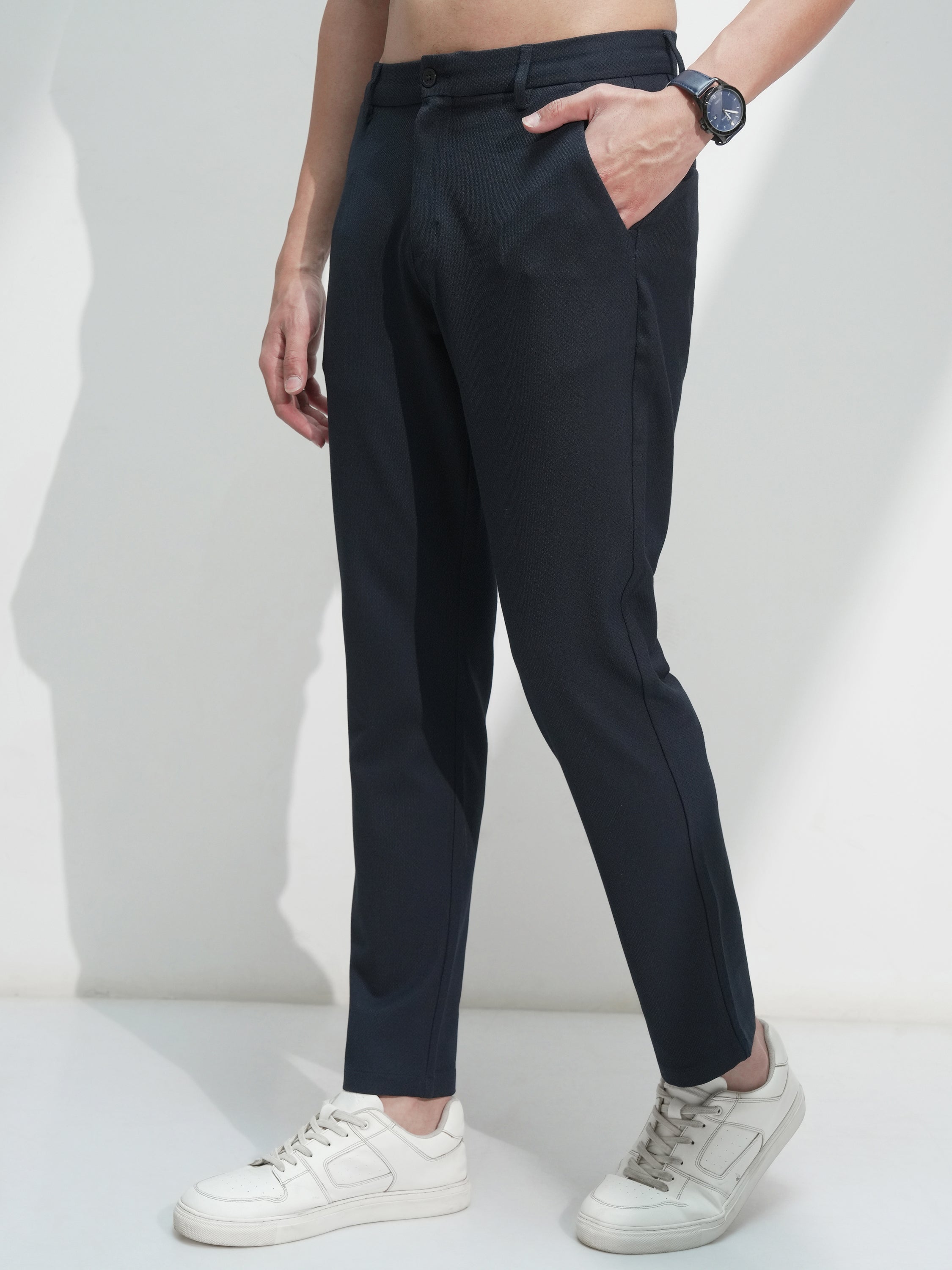 Highlander Men Navy Blue Slim Fit Solid Casual Trouser - Navy Blue - Image 4