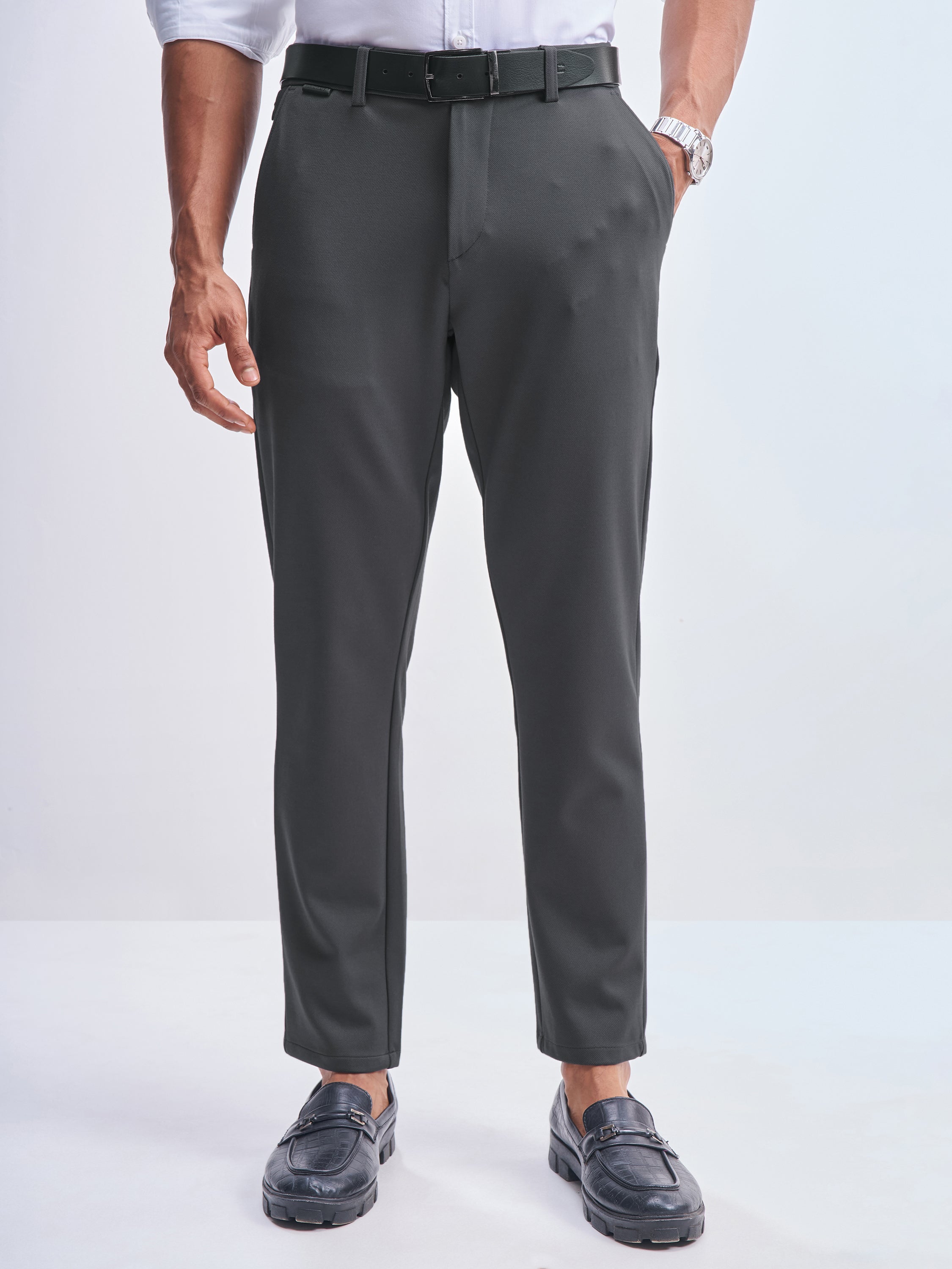 Highlander Men Charcoal Slim Fit Solid Formal Trouser - Charcoal - Image 1