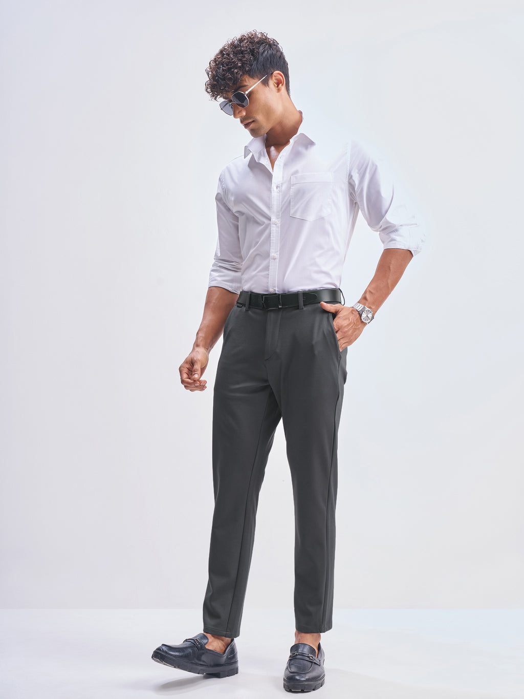 Highlander Men Charcoal Slim Fit Solid Formal Trouser - Charcoal - Image 2