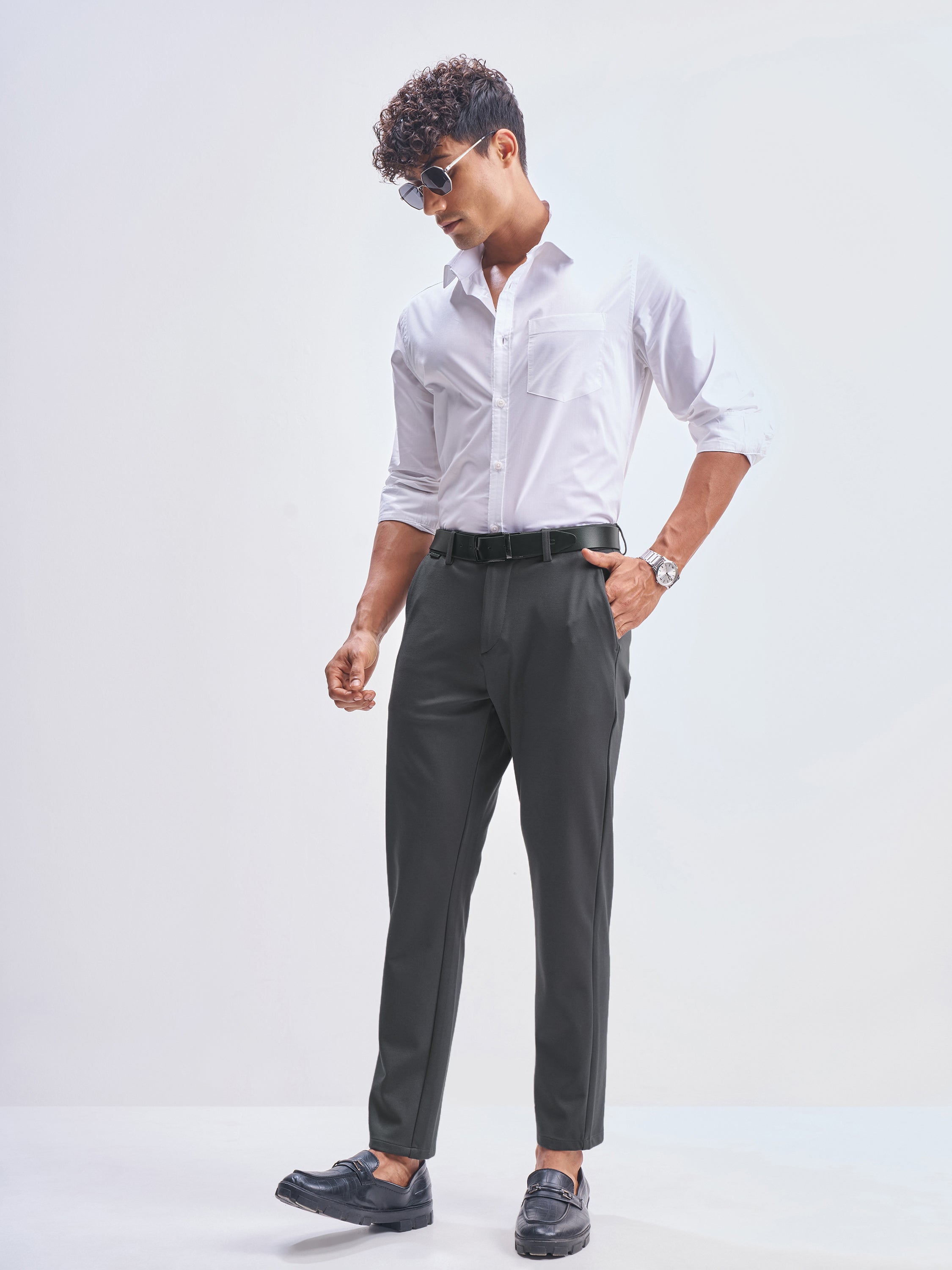 Highlander Men Charcoal Slim Fit Solid Formal Trouser - Charcoal - Image 2