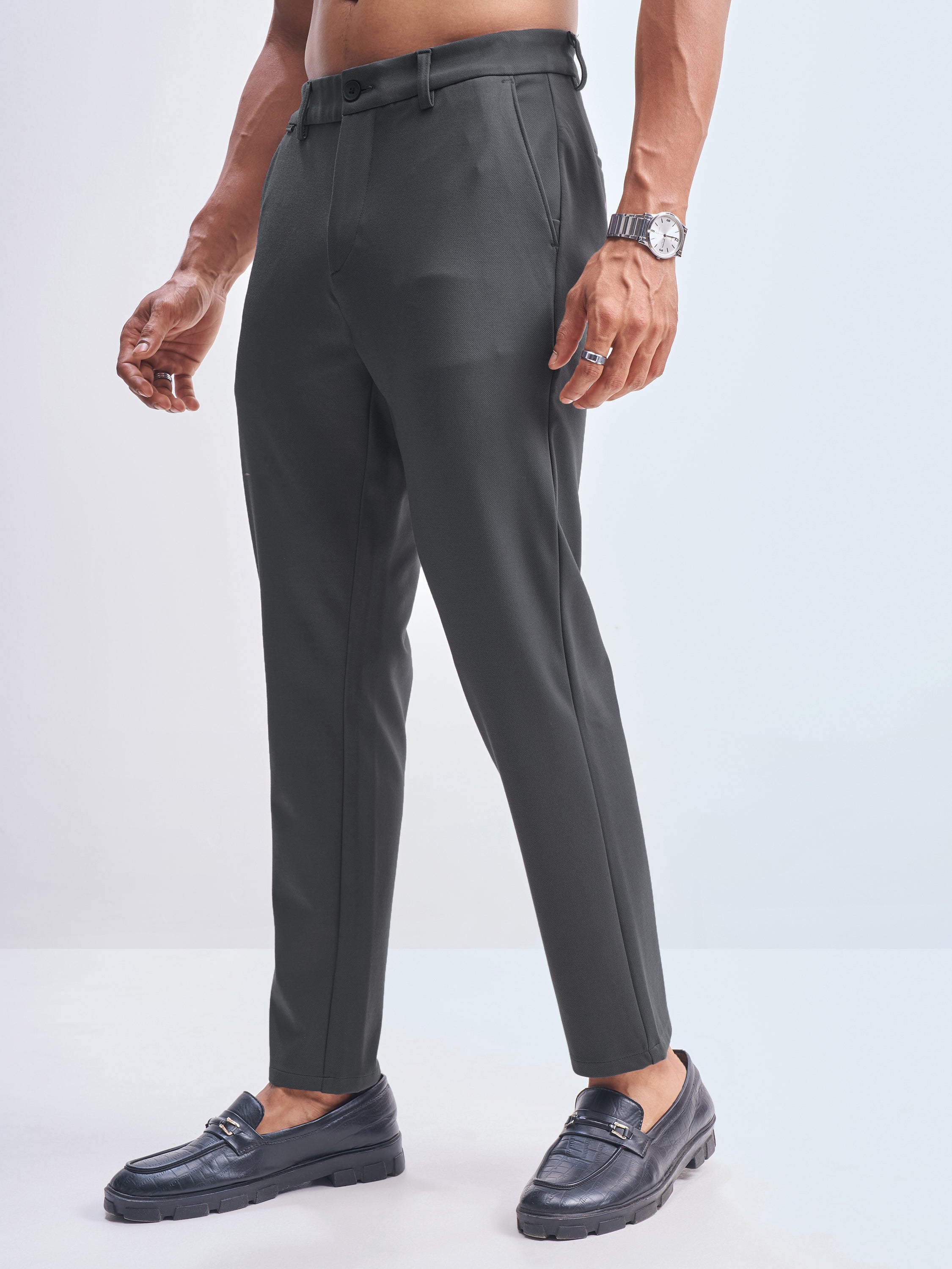 Highlander Men Charcoal Slim Fit Solid Formal Trouser - Charcoal - Image 4