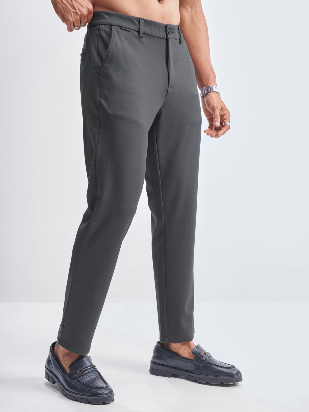 Highlander Men Charcoal Slim Fit Solid Formal Trouser - Charcoal - Image 6