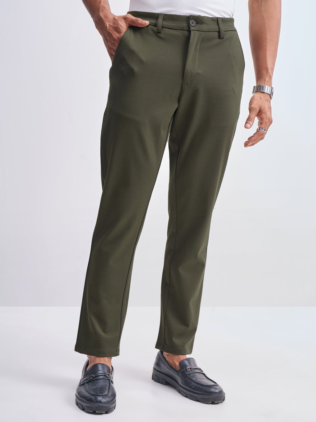 Highlander Men Olive Slim Fit Solid Formal Trouser - Olive - Image 1