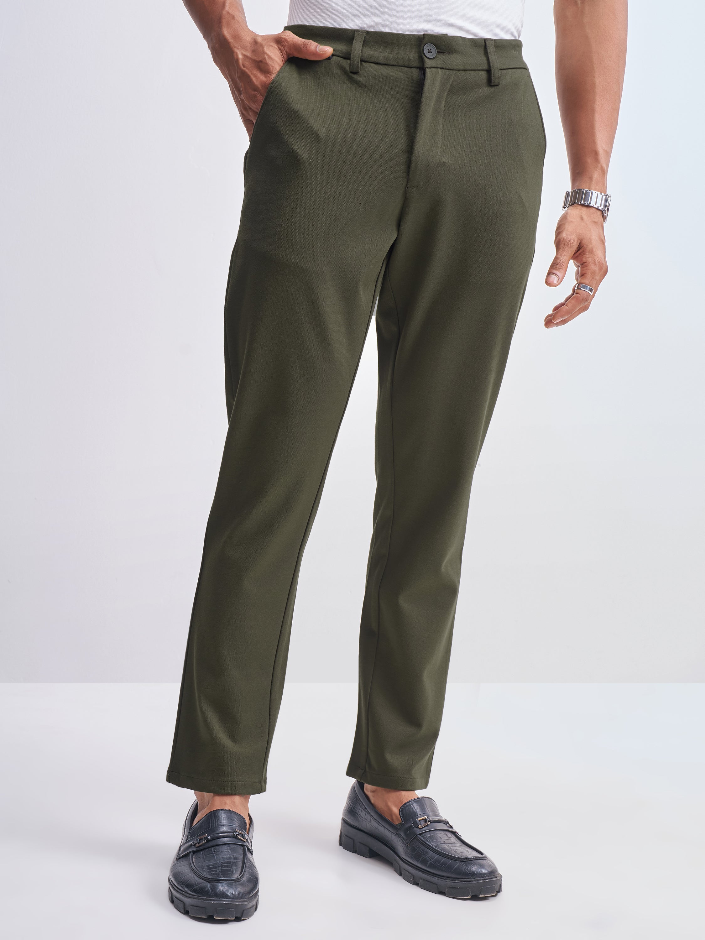 Highlander Men Olive Slim Fit Solid Formal Trouser - Olive - Image 1
