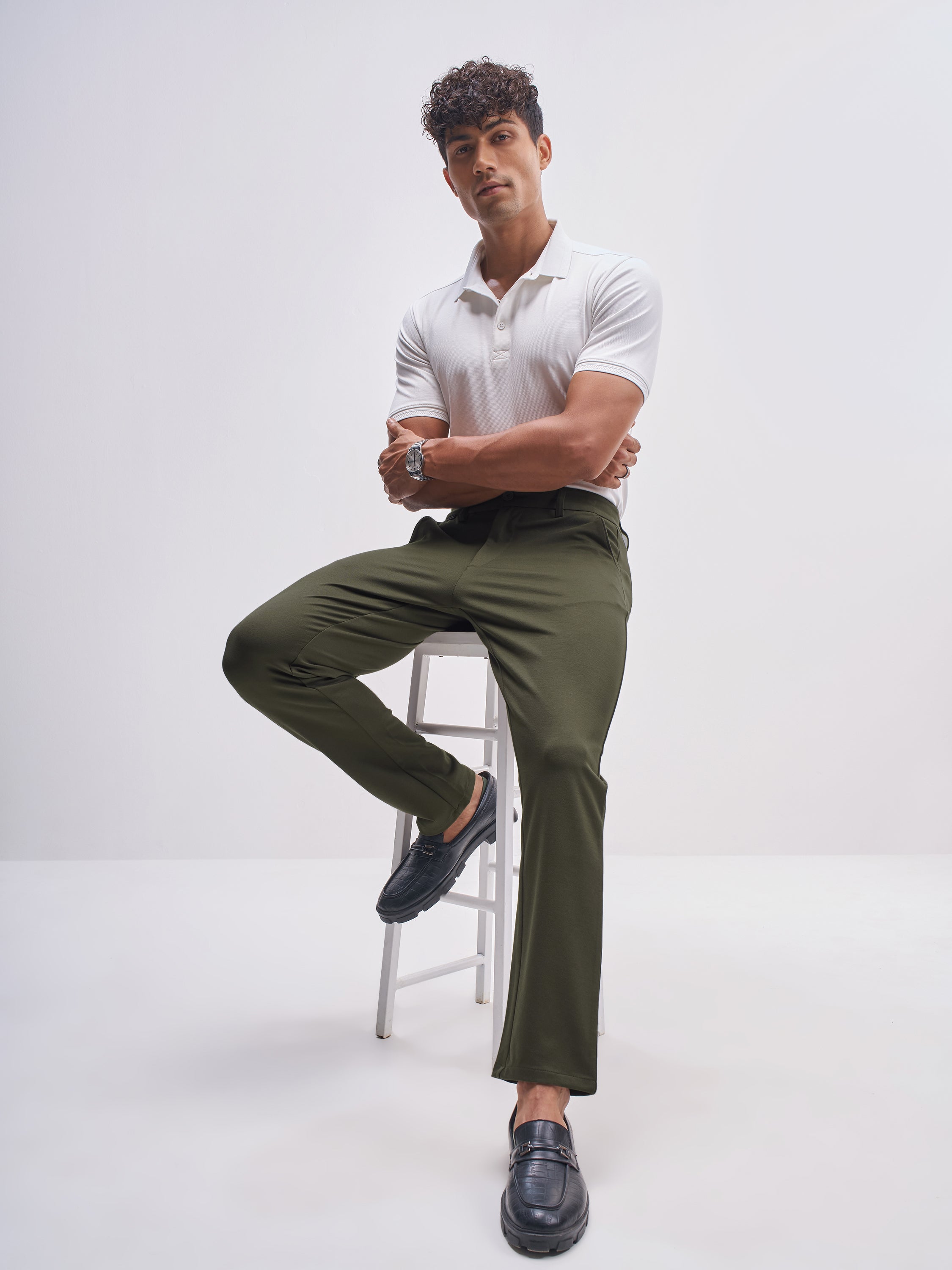Highlander Men Olive Slim Fit Solid Formal Trouser - Olive - Image 2