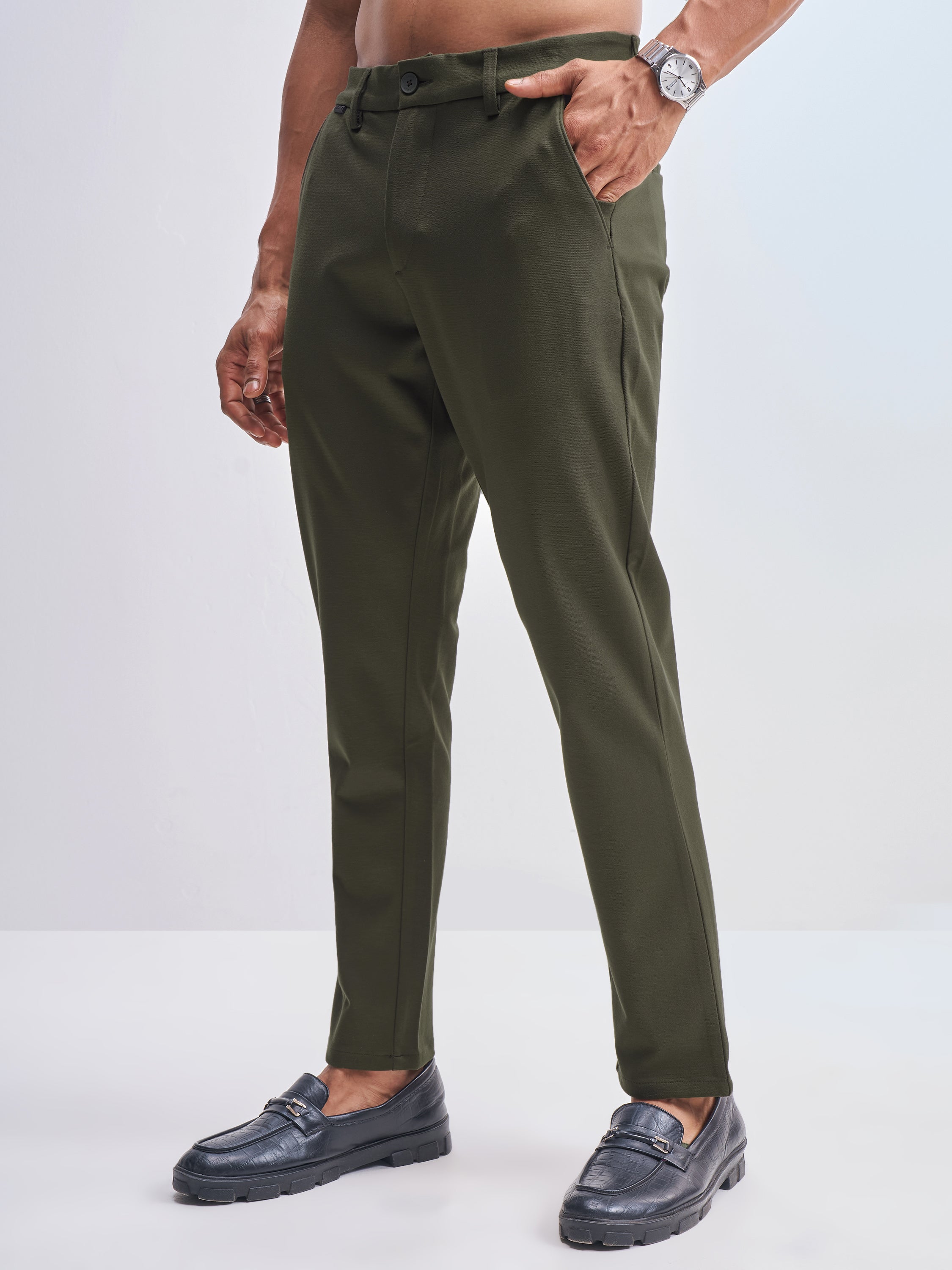 Highlander Men Olive Slim Fit Solid Formal Trouser - Olive - Image 4