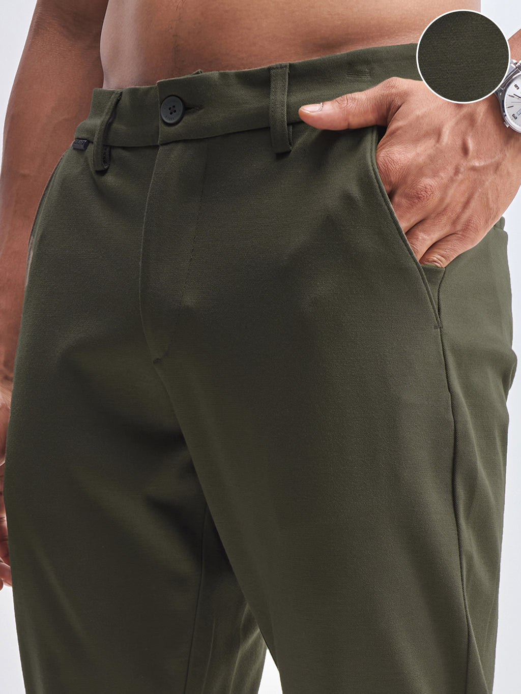 Highlander Men Olive Slim Fit Solid Formal Trouser - Olive - Image 5