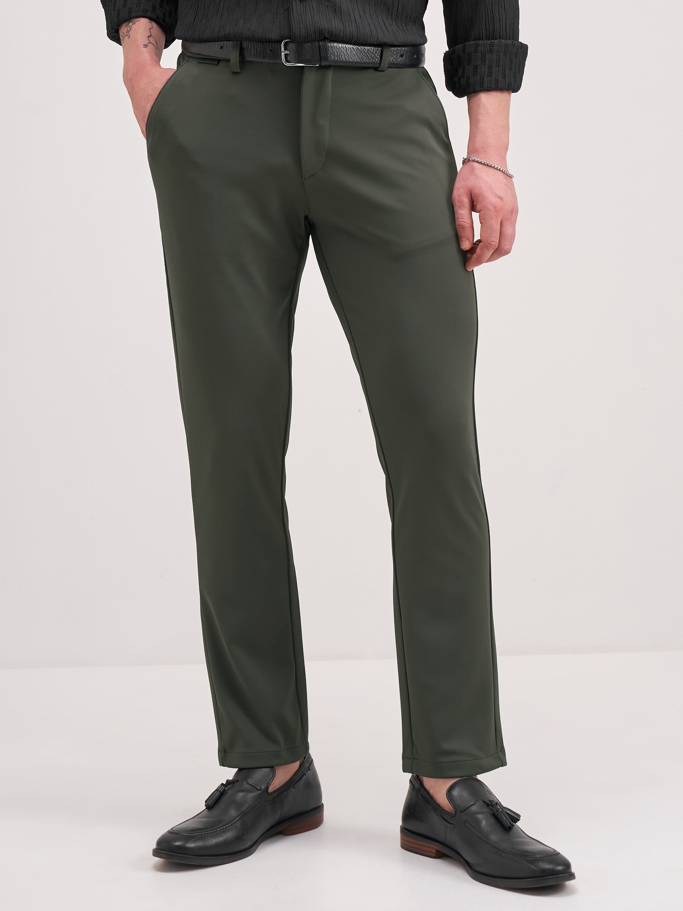Highlander Men Green Slim Fit Solid Formal Trouser - Green - Image 1