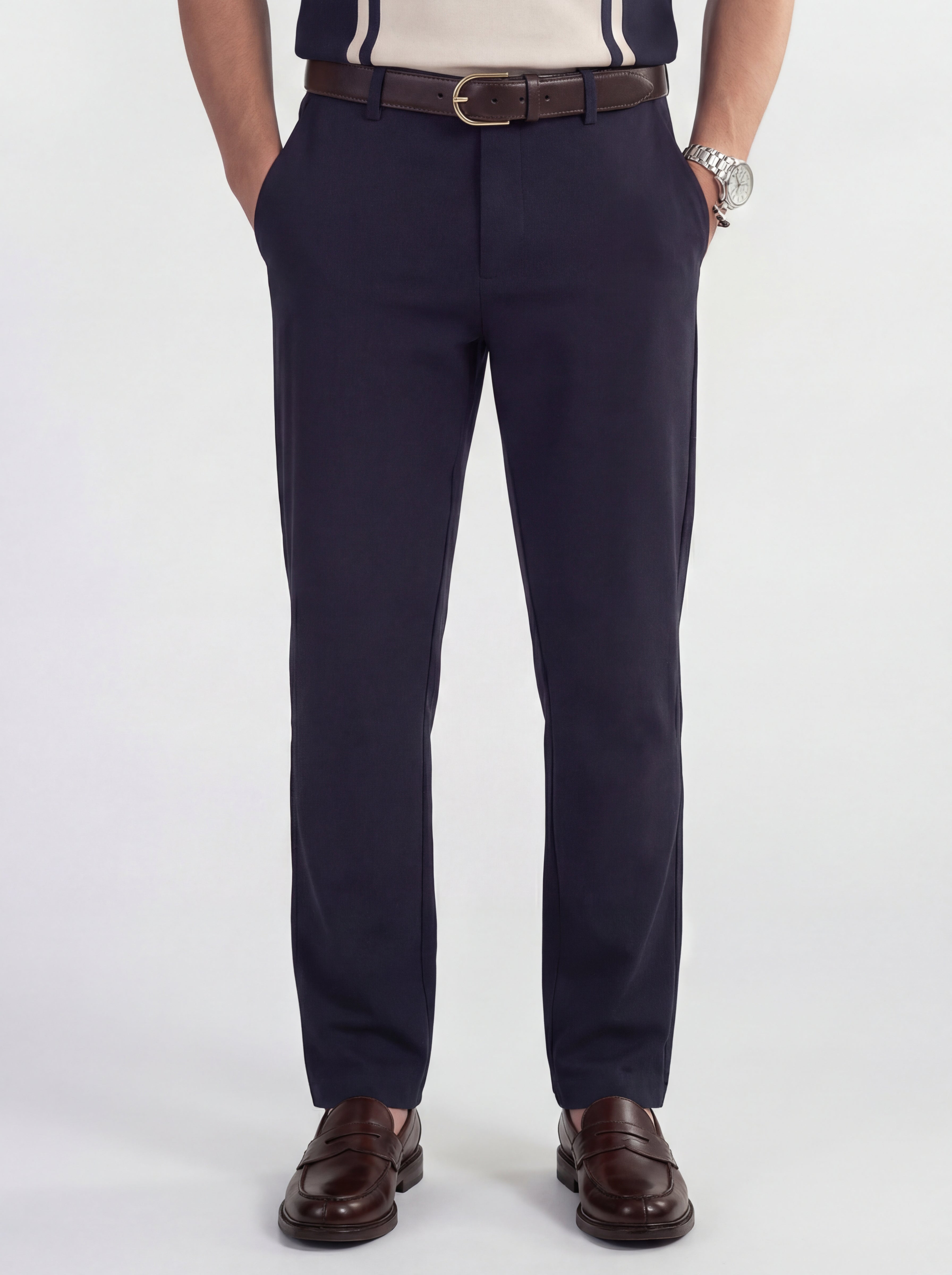 Highlander Men Navy Blue Slim Fit Solid Formal Trouser - Navy Blue - Image 1