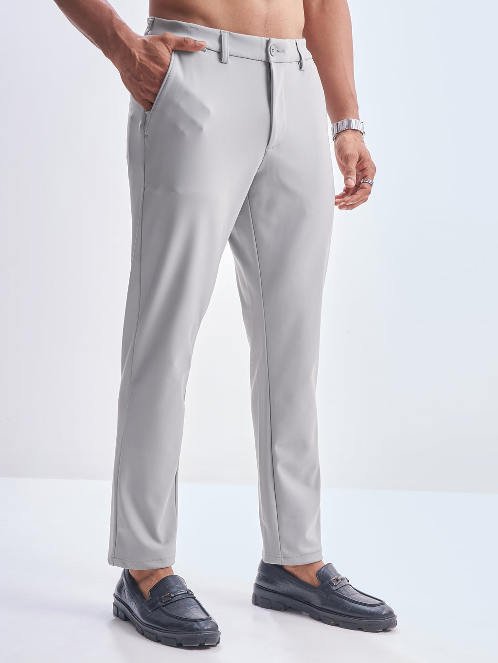 Highlander Men Grey Slim Fit Solid Formal Trouser - Grey - Image 6