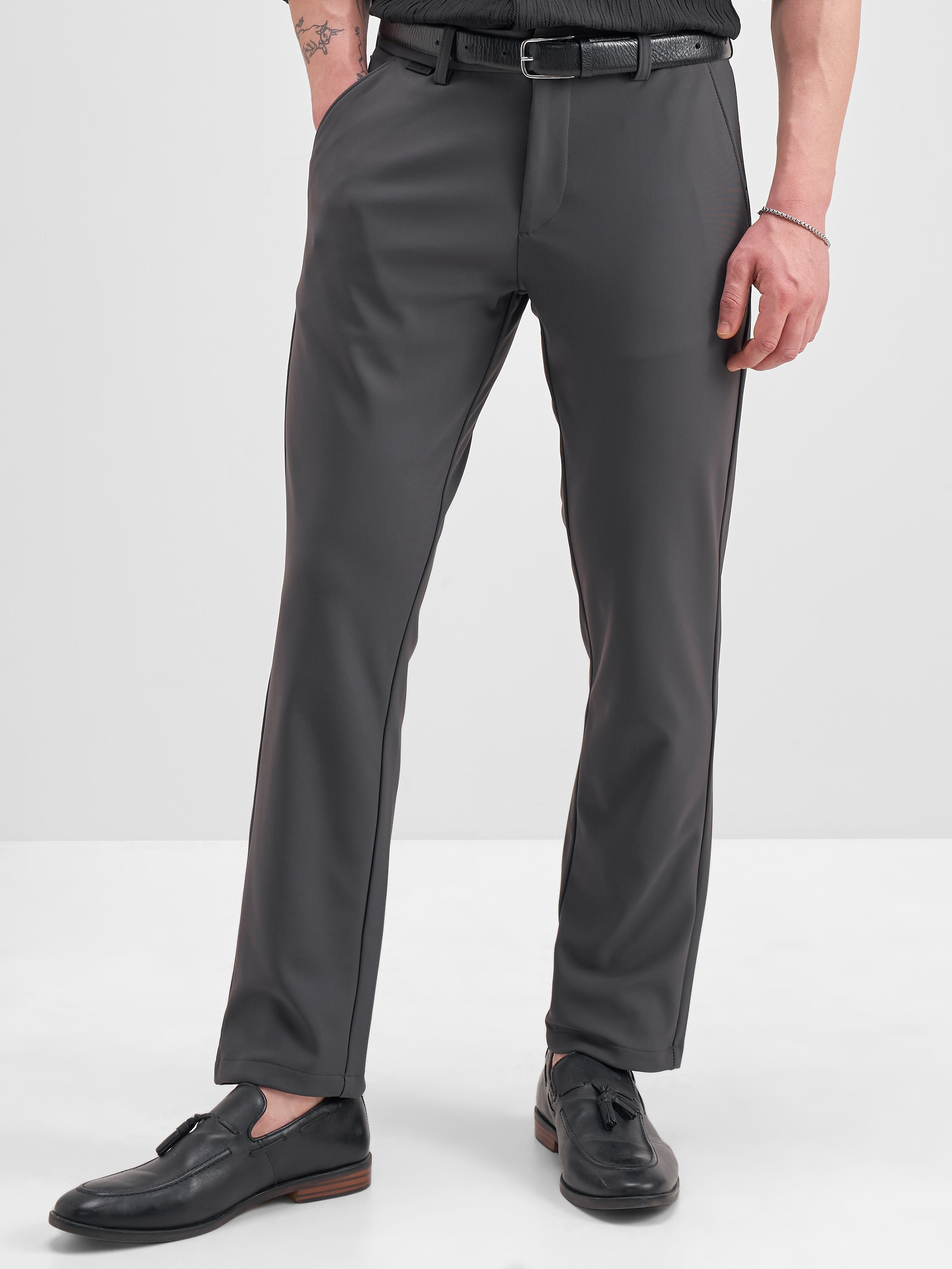 Highlander Men Grey Slim Fit Solid Formal Trouser - Grey - Image 1