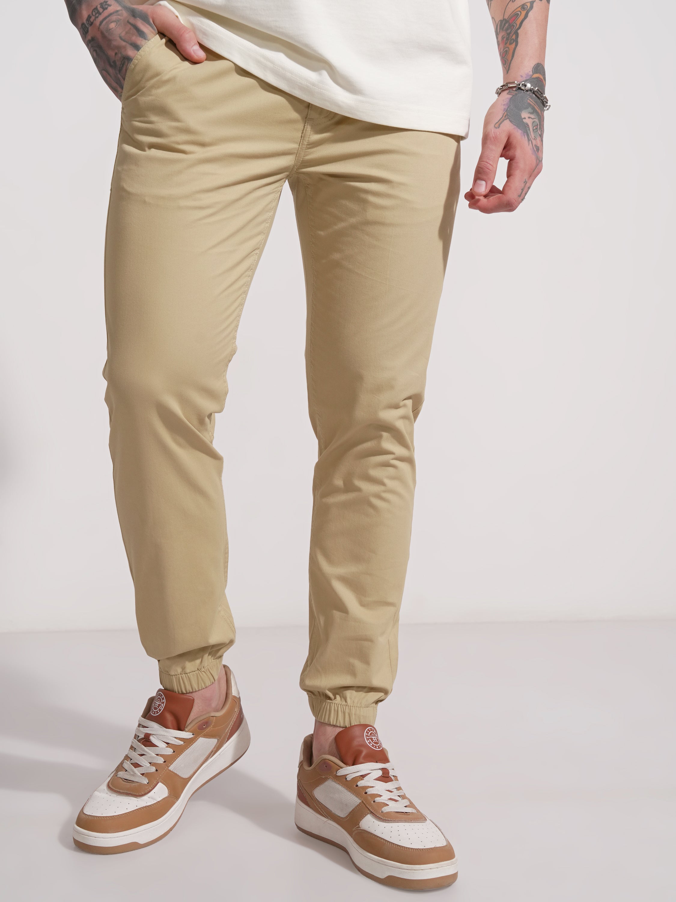 Highlander Men Beige Slim Fit Solid Joggers - Beige - Image 1