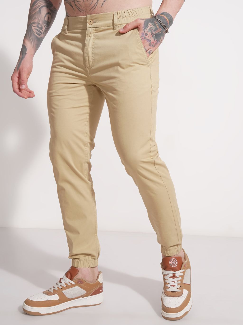 Highlander Men Beige Slim Fit Solid Joggers - Beige - Image 4