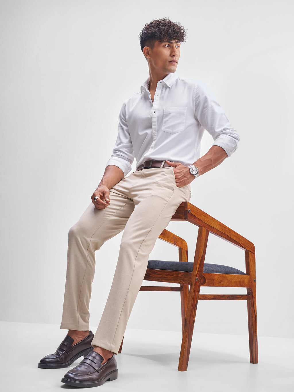 Highlander Men Beige Slim Fit Checked Formal Trouser - Beige - Image 2