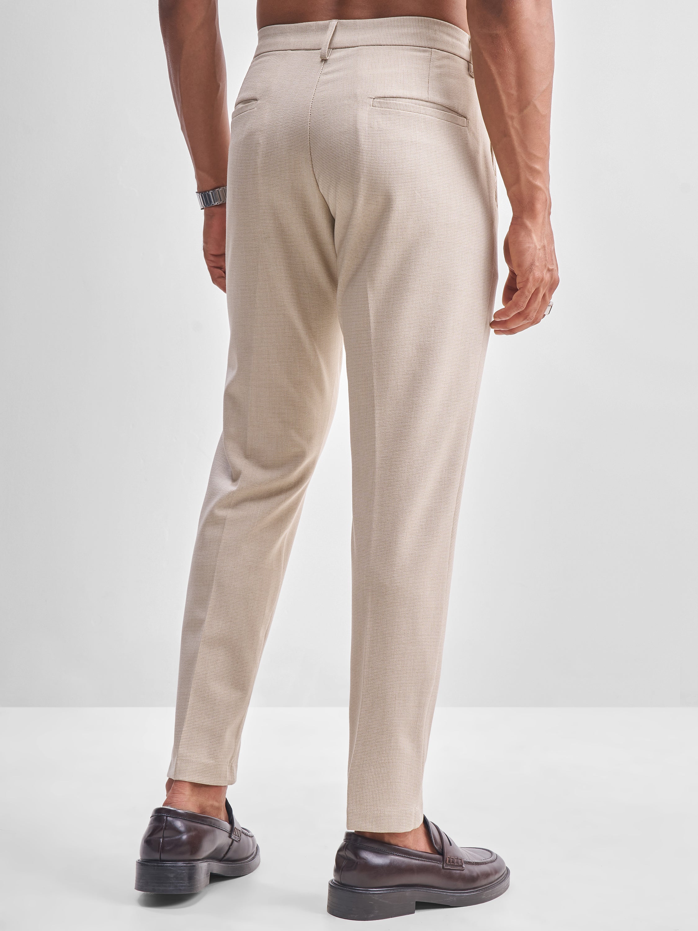Highlander Men Beige Slim Fit Checked Formal Trouser - Beige - Image 3