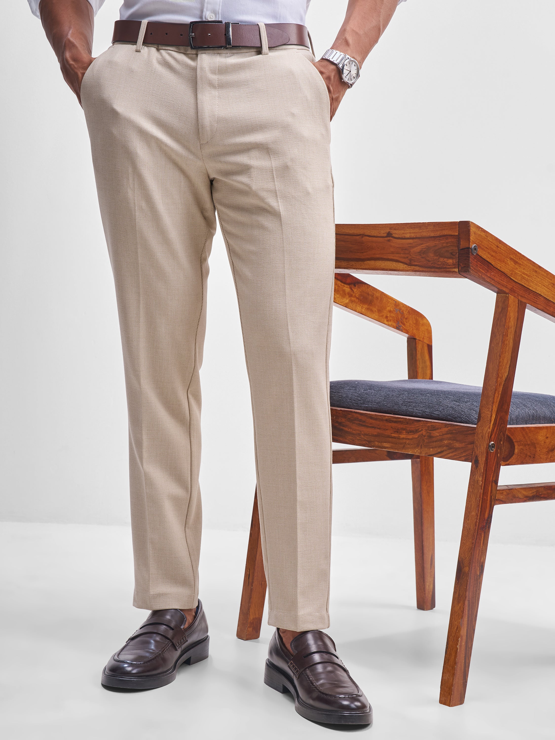 Highlander Men Beige Slim Fit Checked Formal Trouser - Beige - Image 4