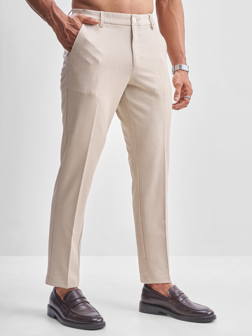 Highlander Men Beige Slim Fit Checked Formal Trouser - Beige - Image 6