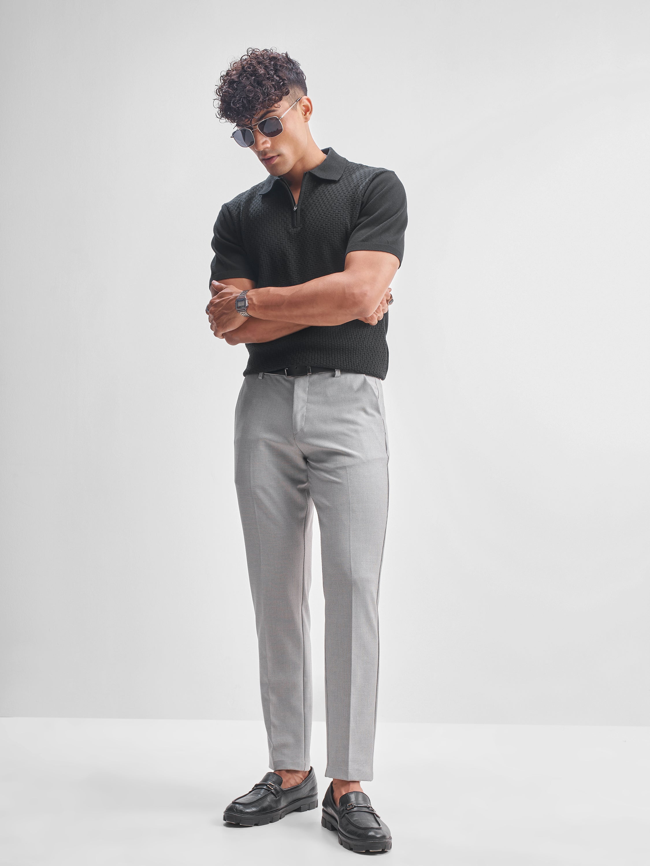 Highlander Men Grey Slim Fit Checked Formal Trouser - Grey - Image 2